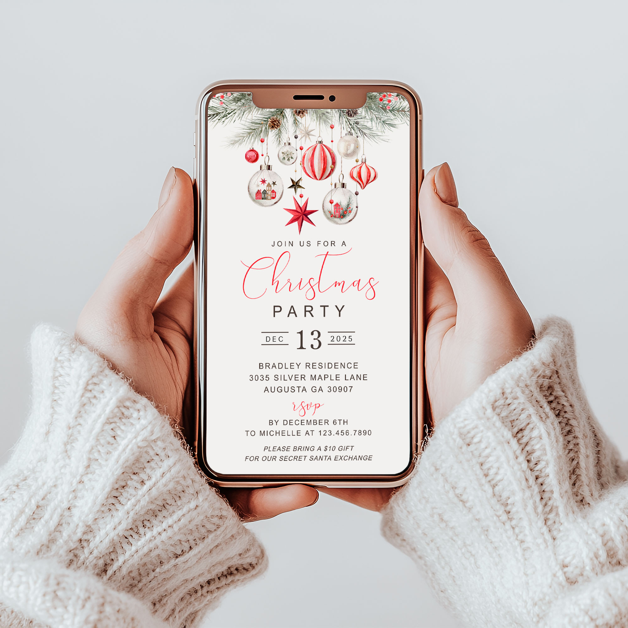 Red Ornaments Smart Phone Invitations design preview