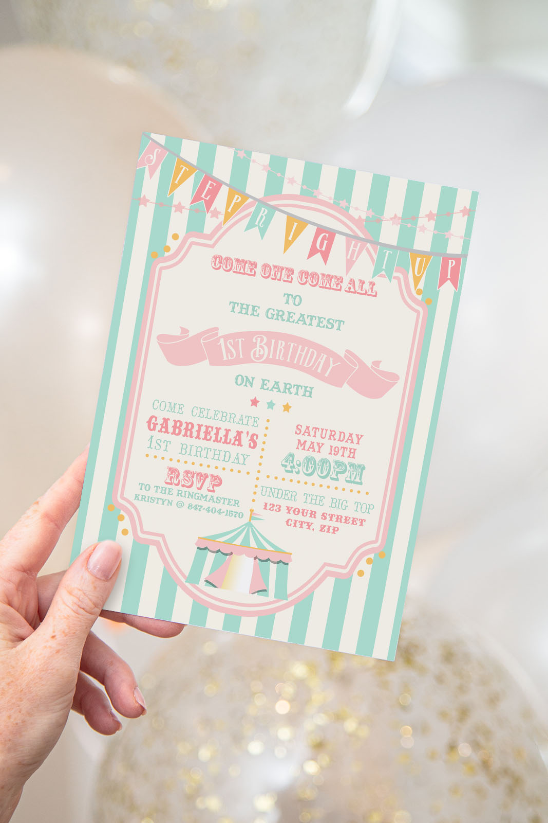 Pink & Mint Circus Invitation- Mint Stripes design preview