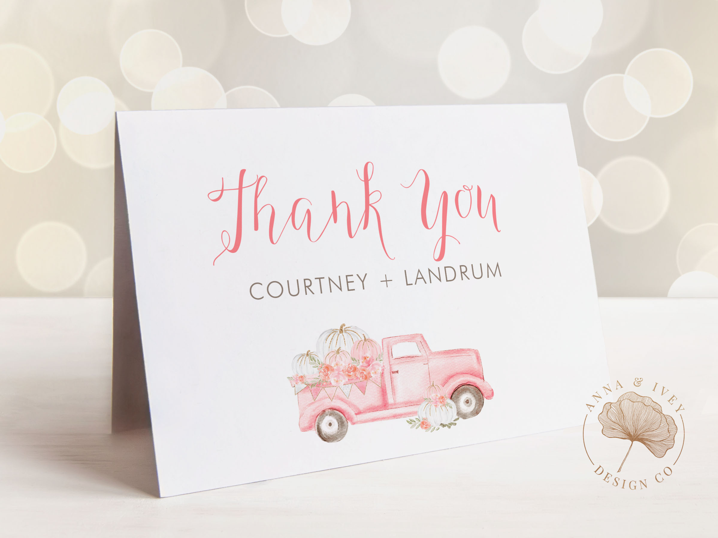 Pink Pumpkin Truck Thank You Cards design preview