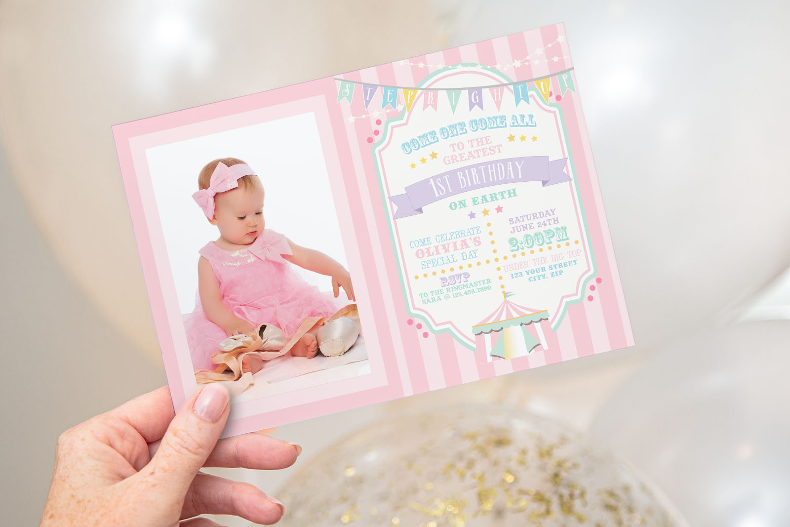 Pastel Circus Photo Invitations- Pink Stripes design preview