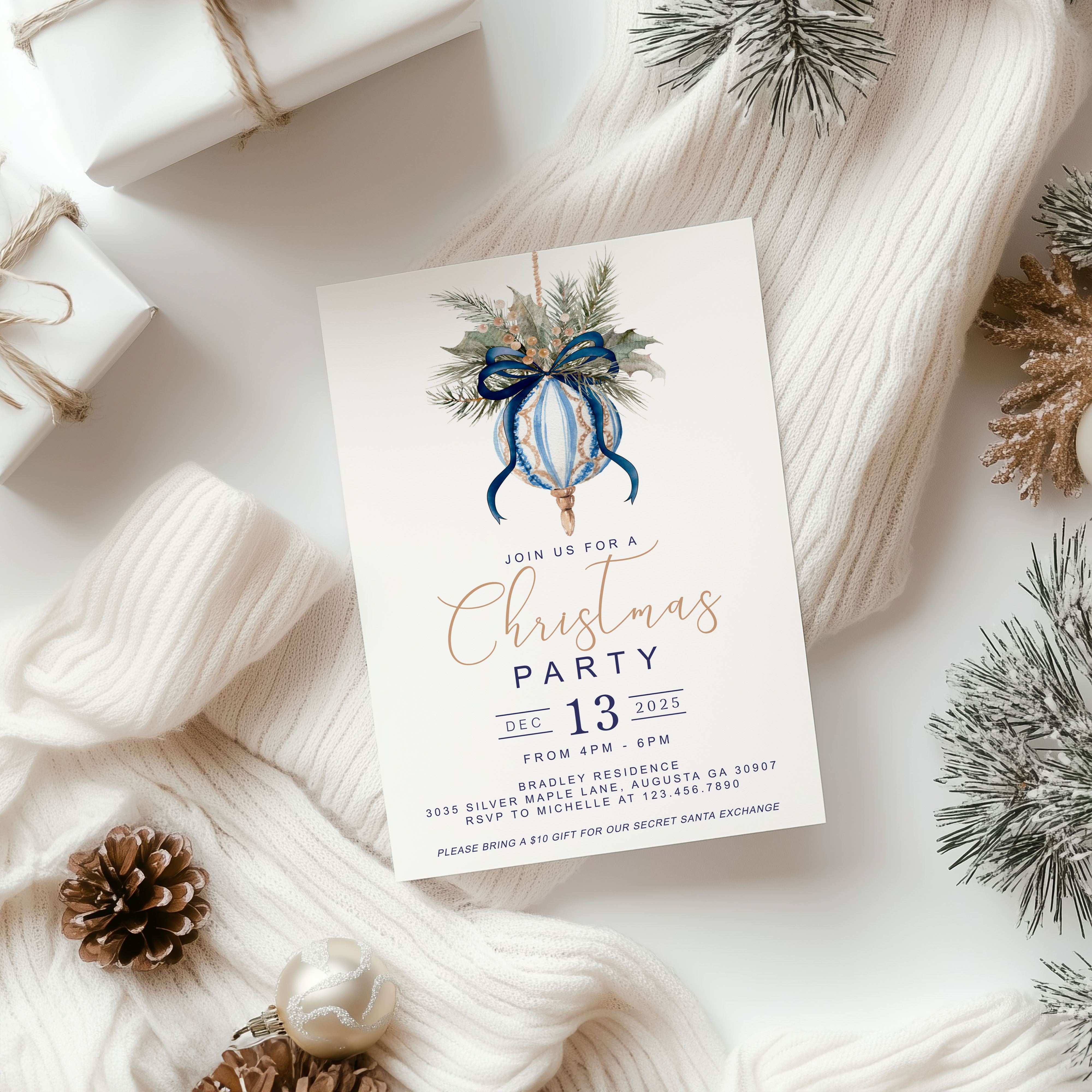 Blue & Gold Ornament Invitation design preview