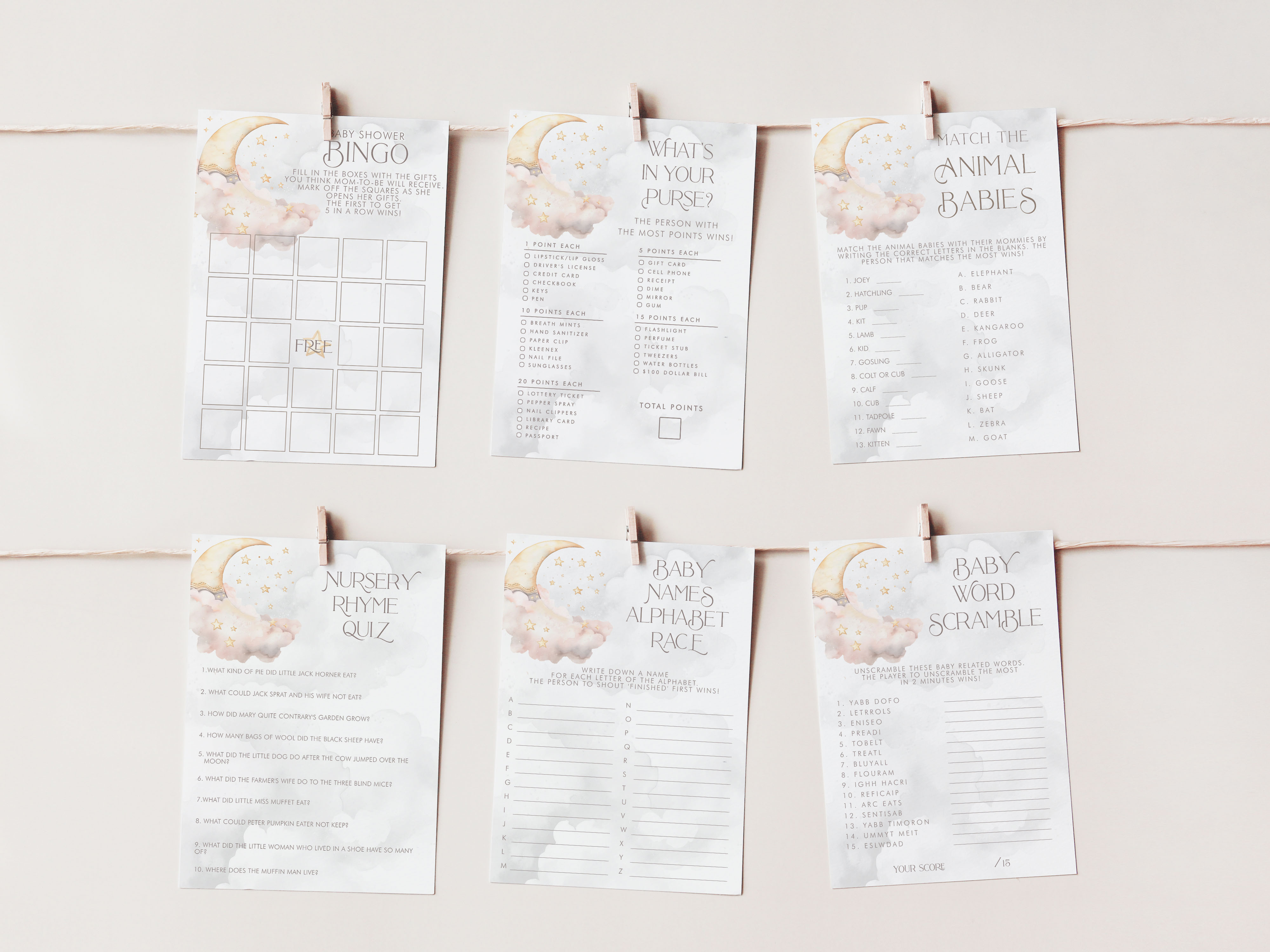 Over the Moon Baby Shower Games- Pink design preview