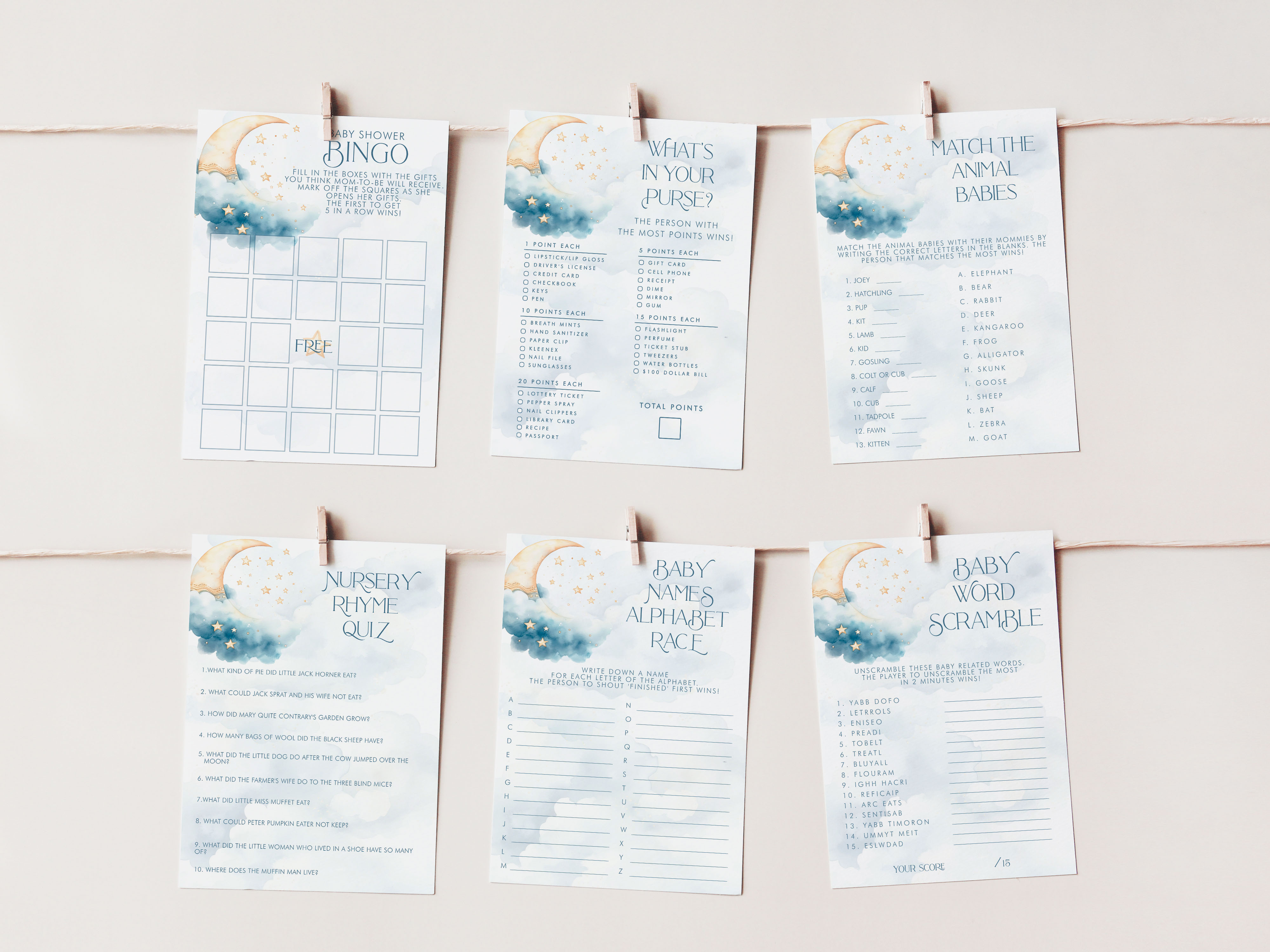 Over the Moon Baby Shower Games- Blue design preview