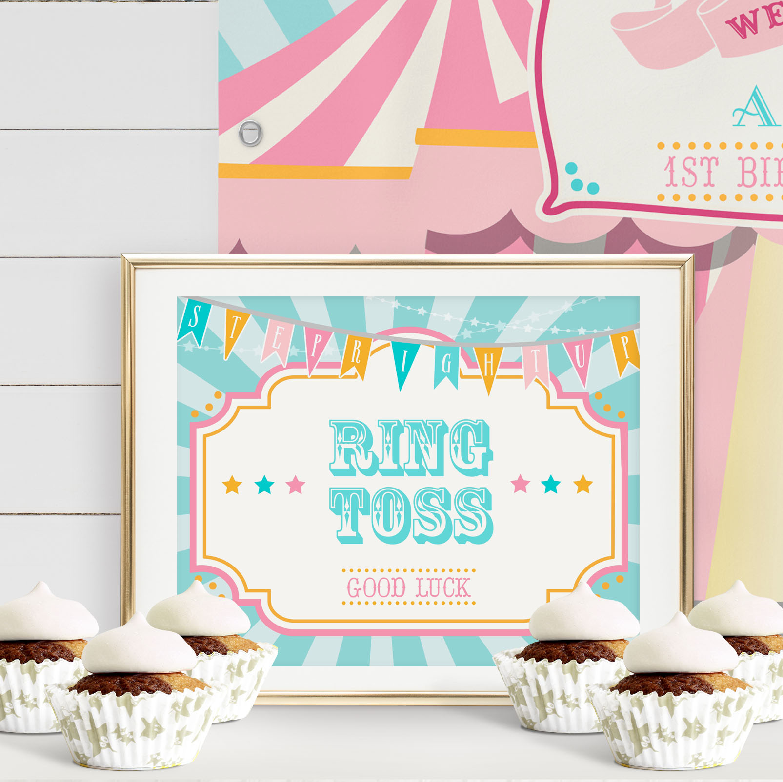 Pink & Teal Circus Game Sign- Teal Sunburst design preview