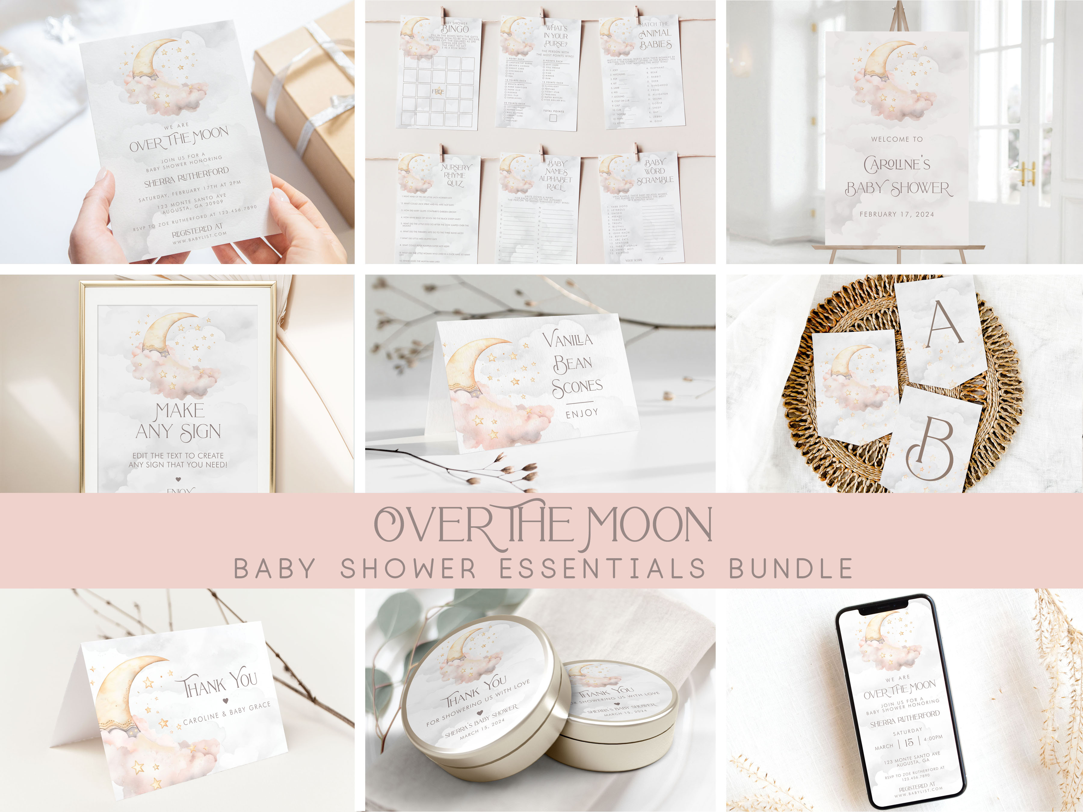 Over the Moon Baby Shower Essentials Bundle- Pink design preview