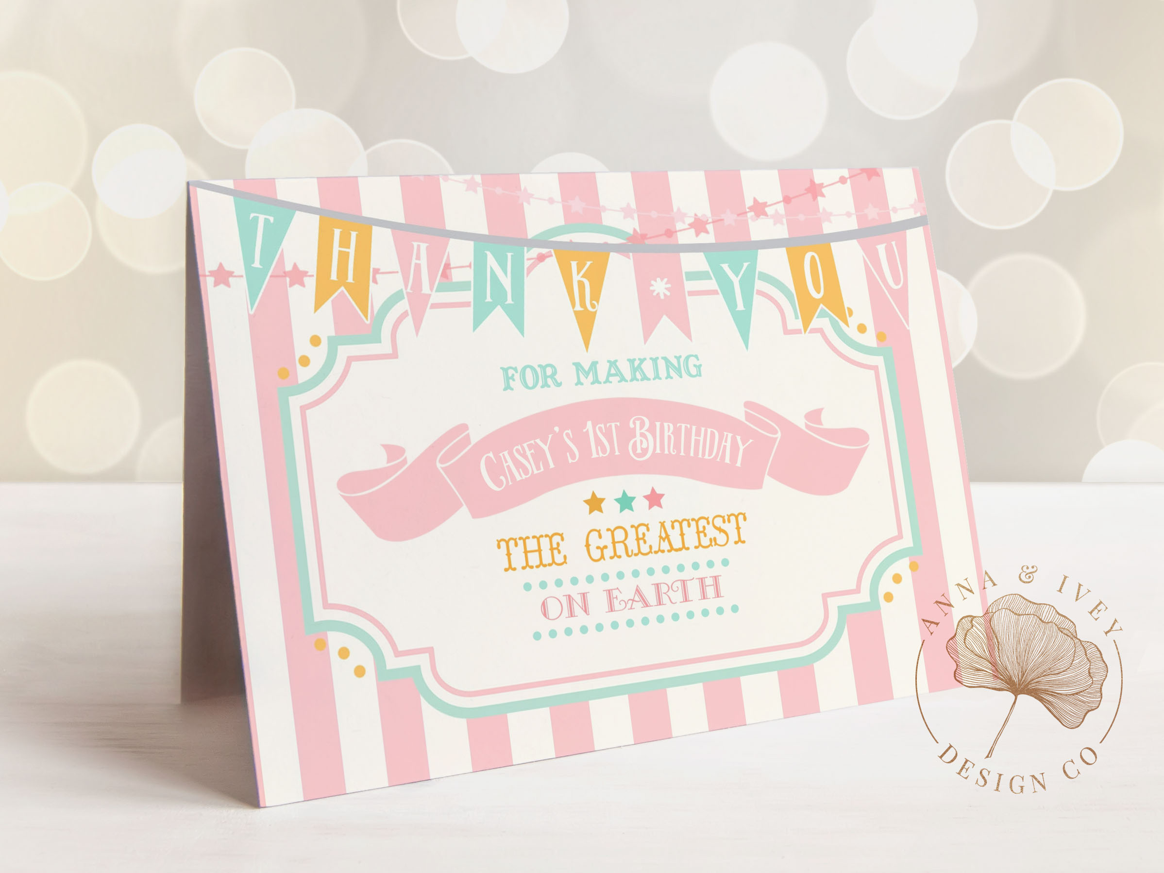 Pink & Mint Circus Thank You Cards- Pink Stripes design preview