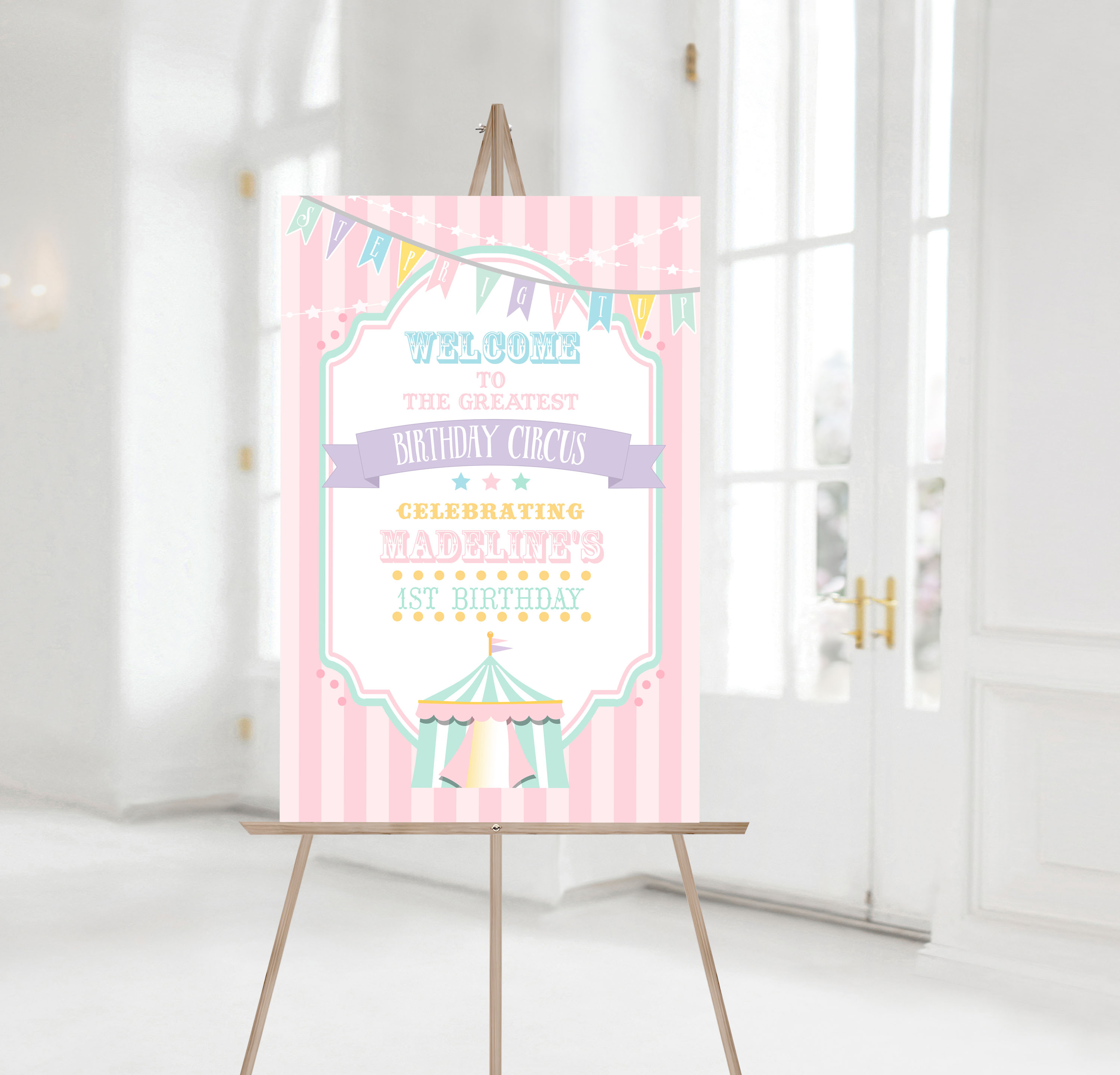 Pastel Circus Welcome Sign- Pink Stripes design preview