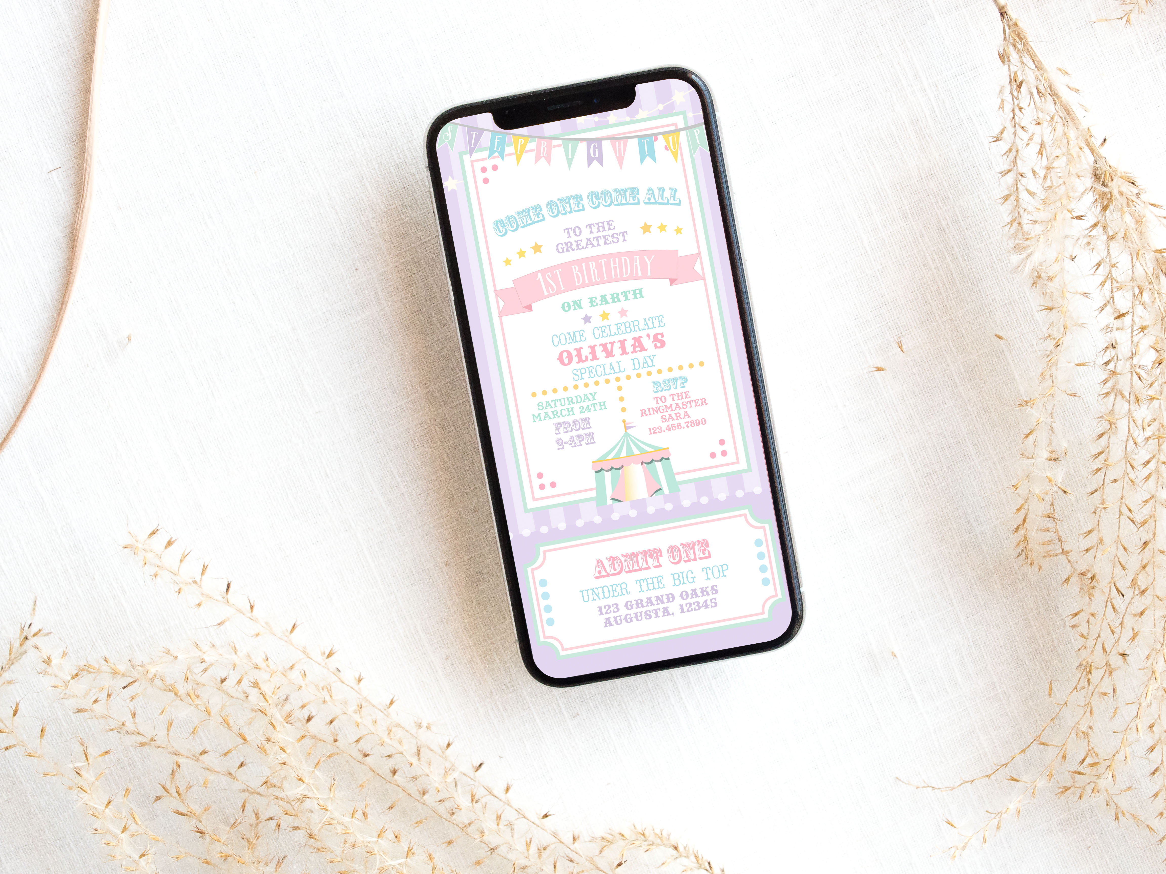Pastel Circus Smart Phone Invitation- Purple Stripes design preview