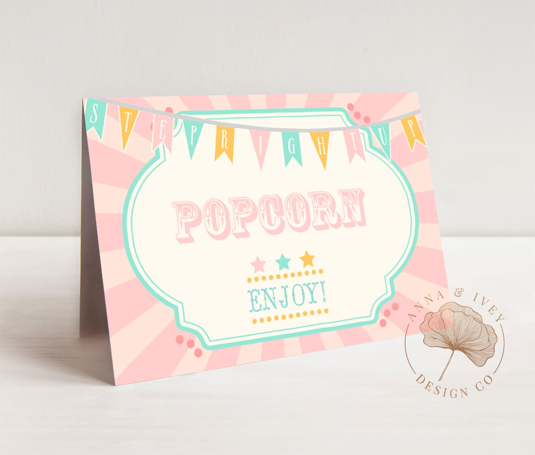 Pink & Mint Circus Food Cards- Pink Sunburst design preview