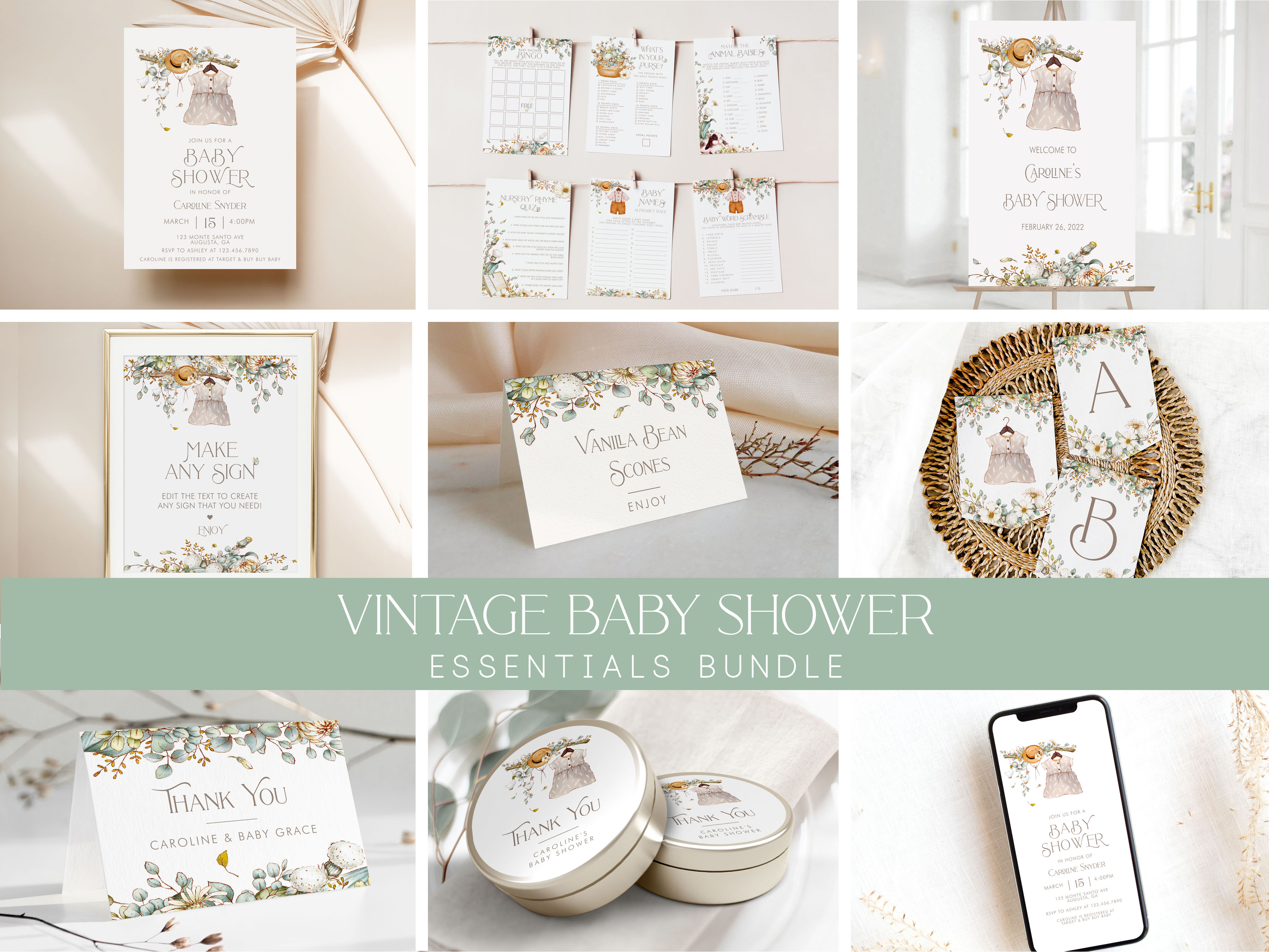 Vintage Baby Shower Essentials- Baby Girl design preview
