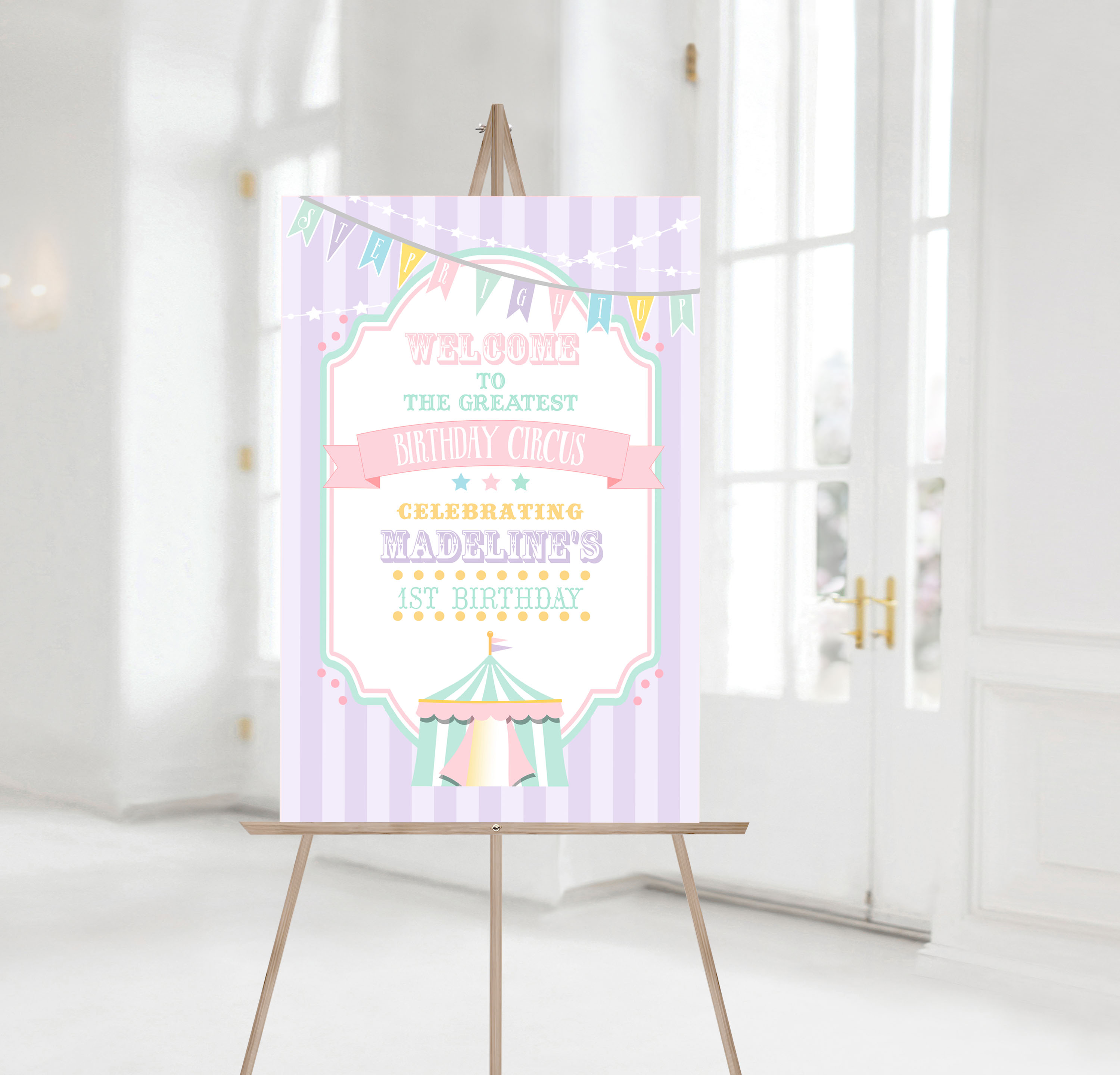 Pastel Circus Welcome Sign- Purple Stripes design preview