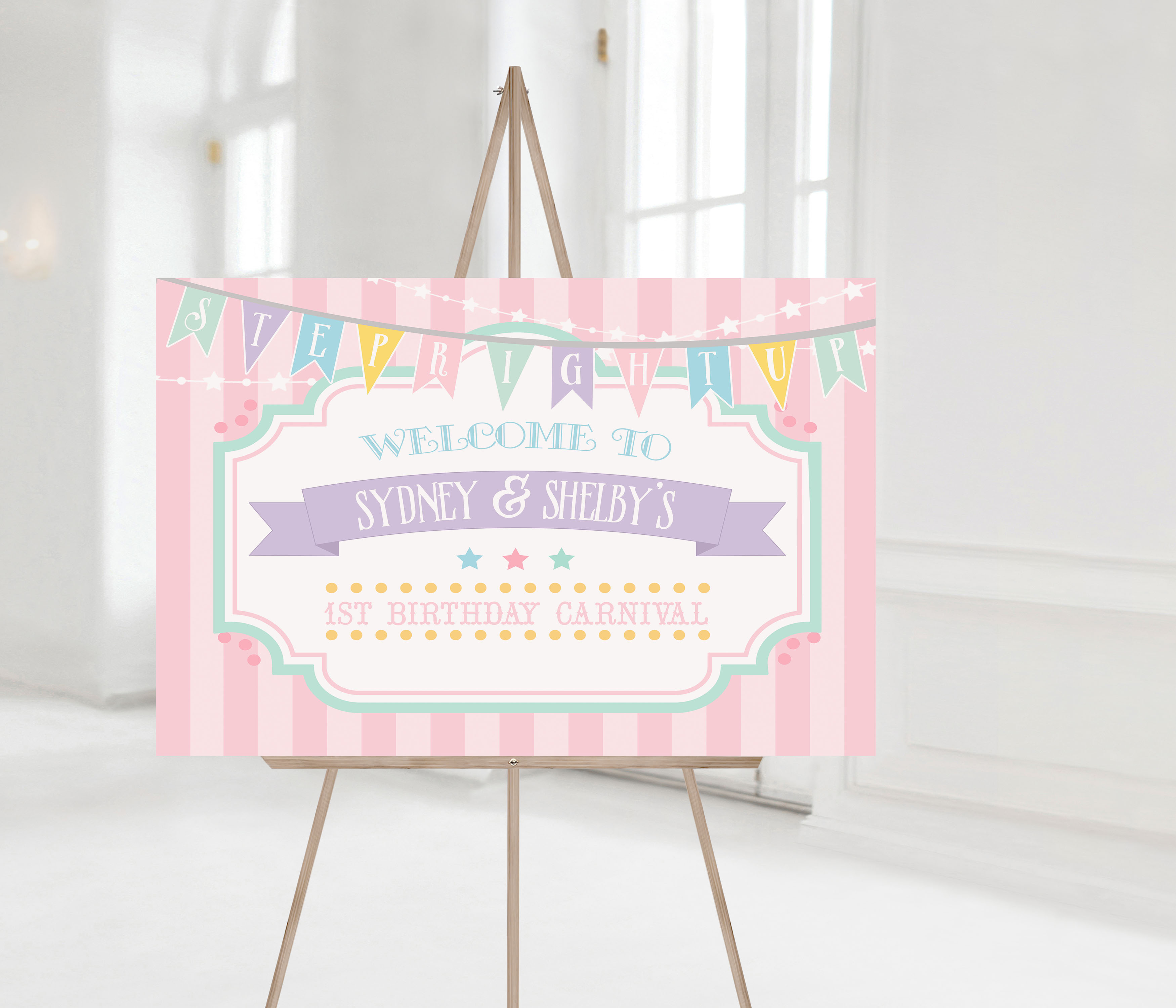 Pastel Circus Horizontal Welcome Poster- Pink Stripes design preview