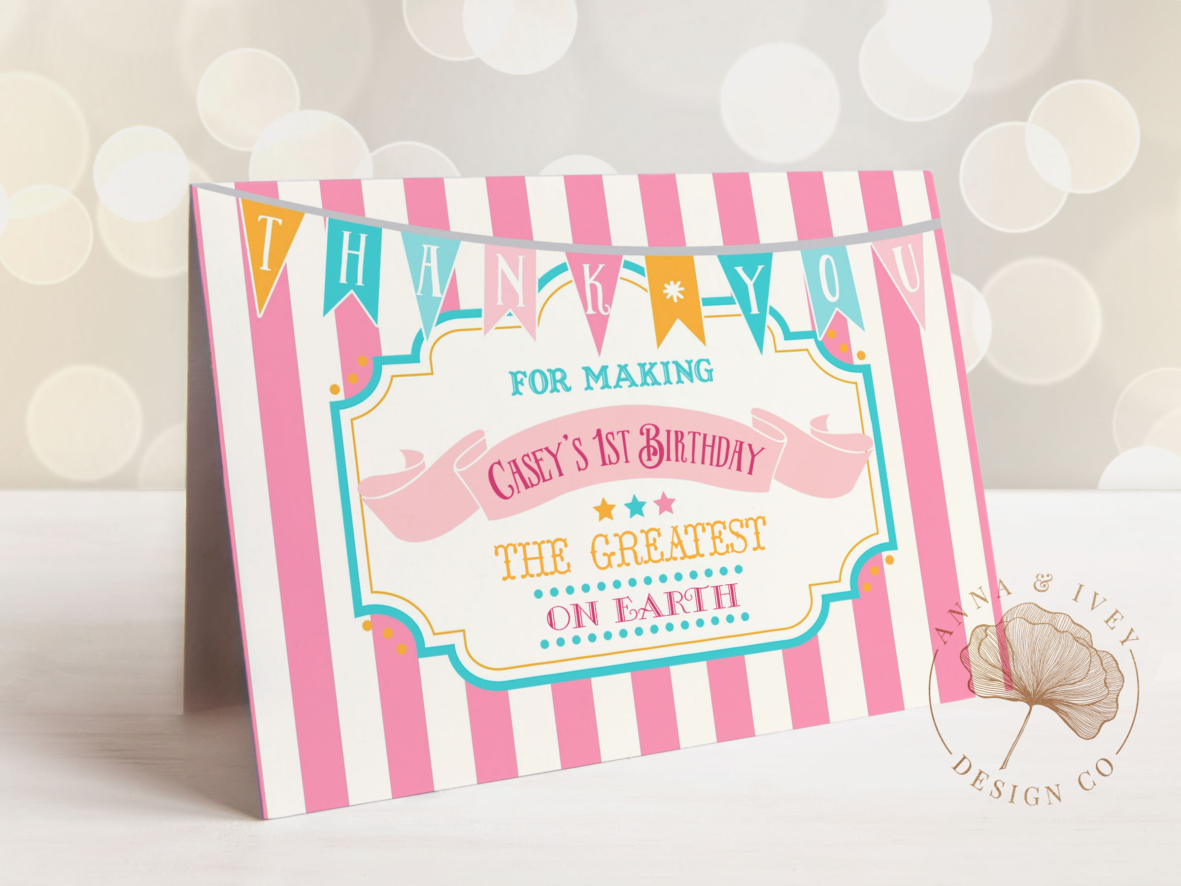 Pink & Teal Circus Thank You Cards- Pink Stripes design preview