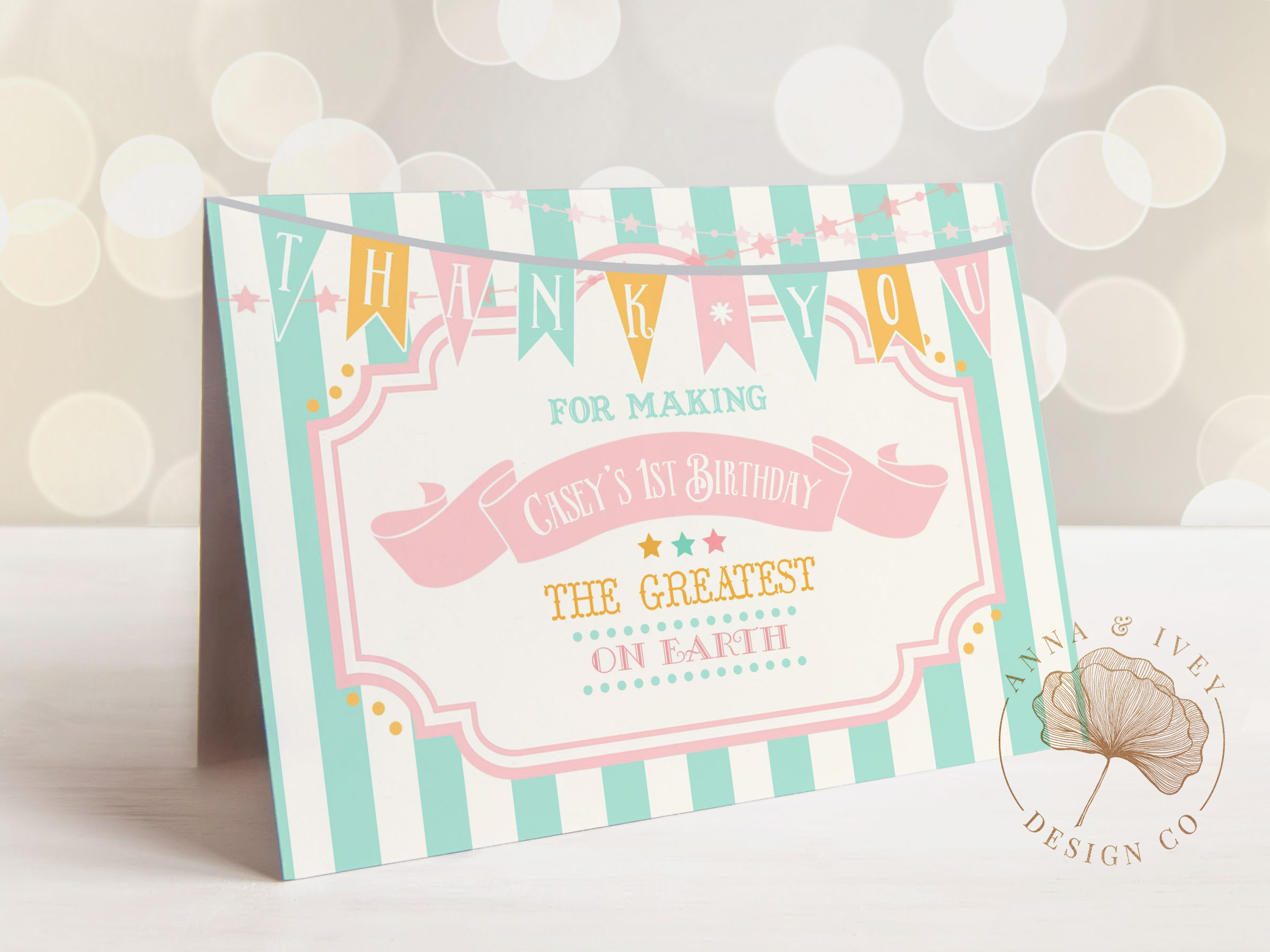 Pink & Mint Circus Thank You Cards- Mint Stripes design preview