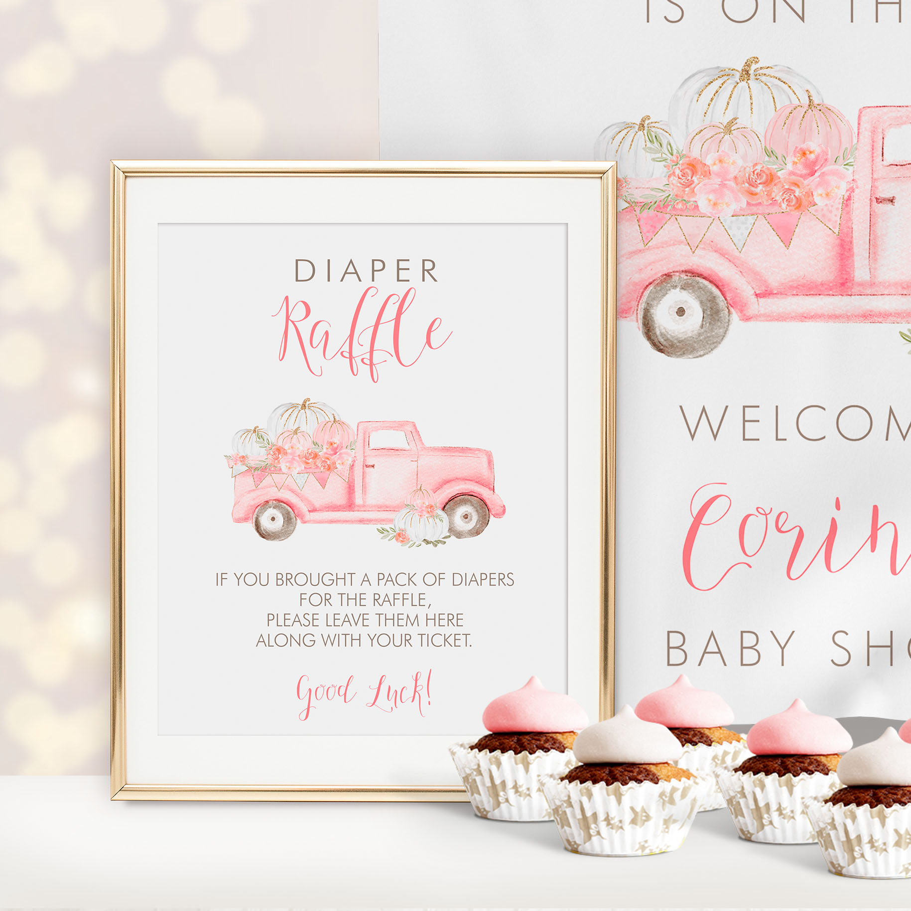 Pink Pumpkin Truck Diaper Raffle Signs design preview