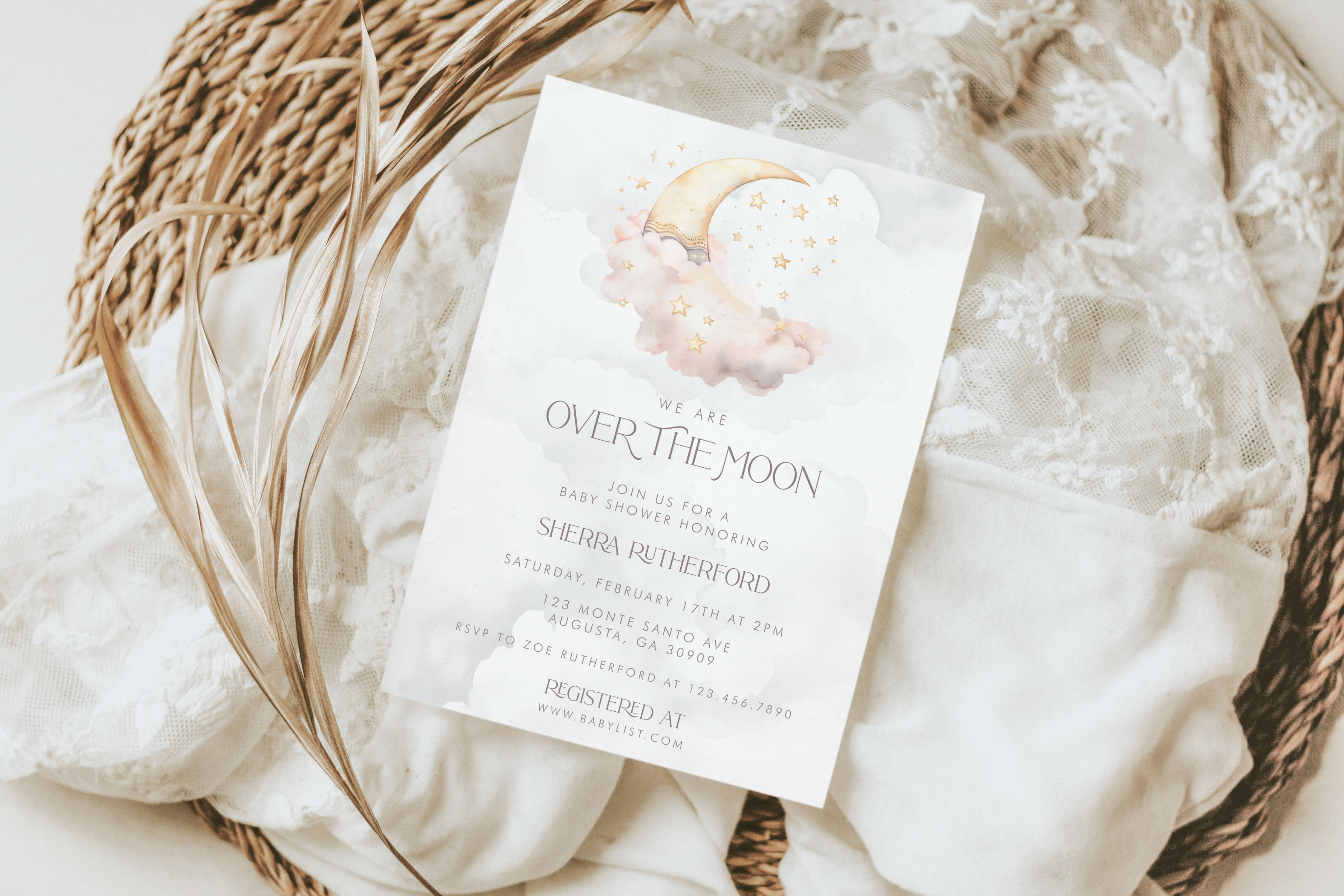 Over the Moon Baby Shower Invitation- Pink design preview
