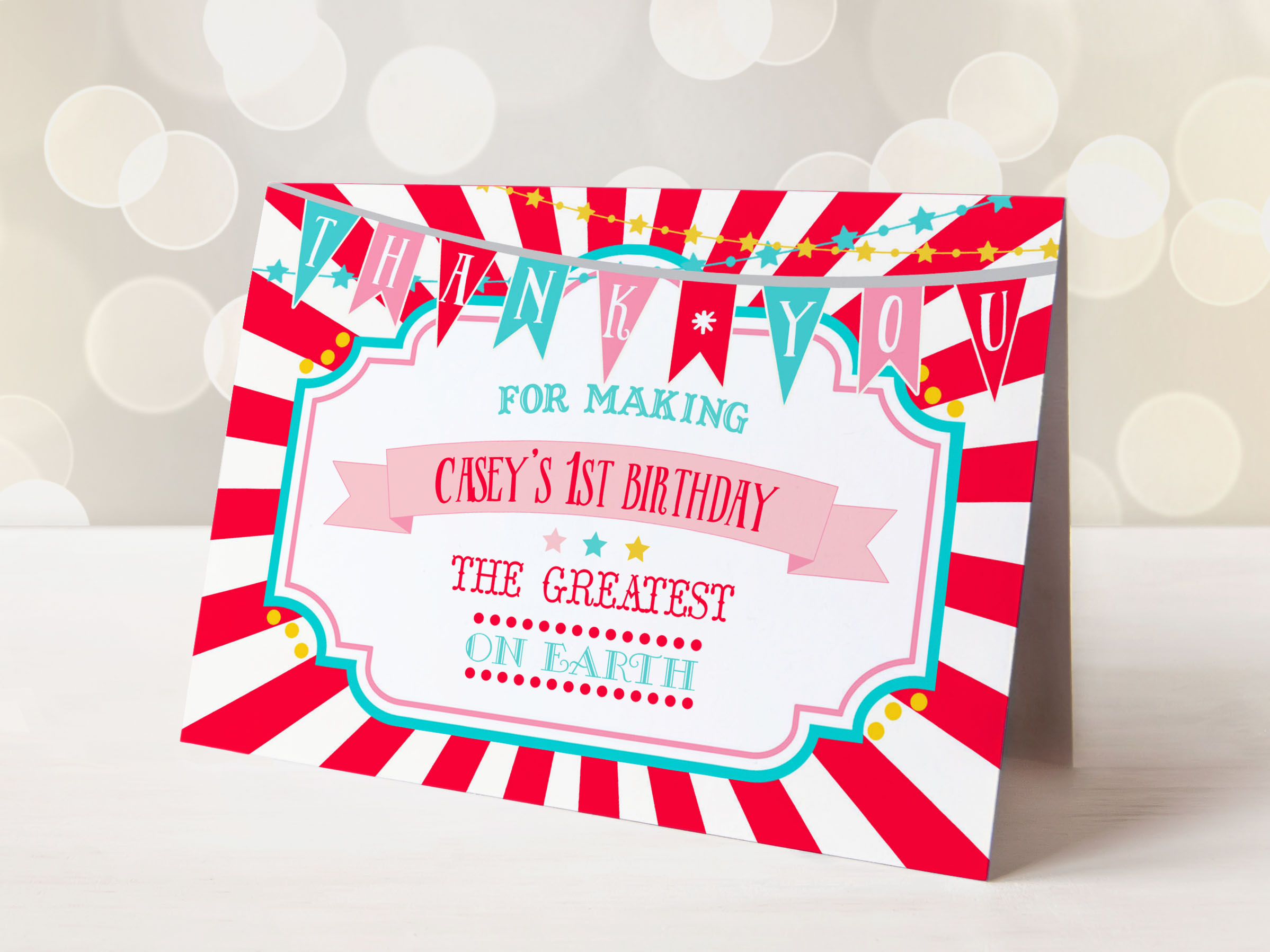 Red & Pink Circus Thank You Cards- Red Burst design preview