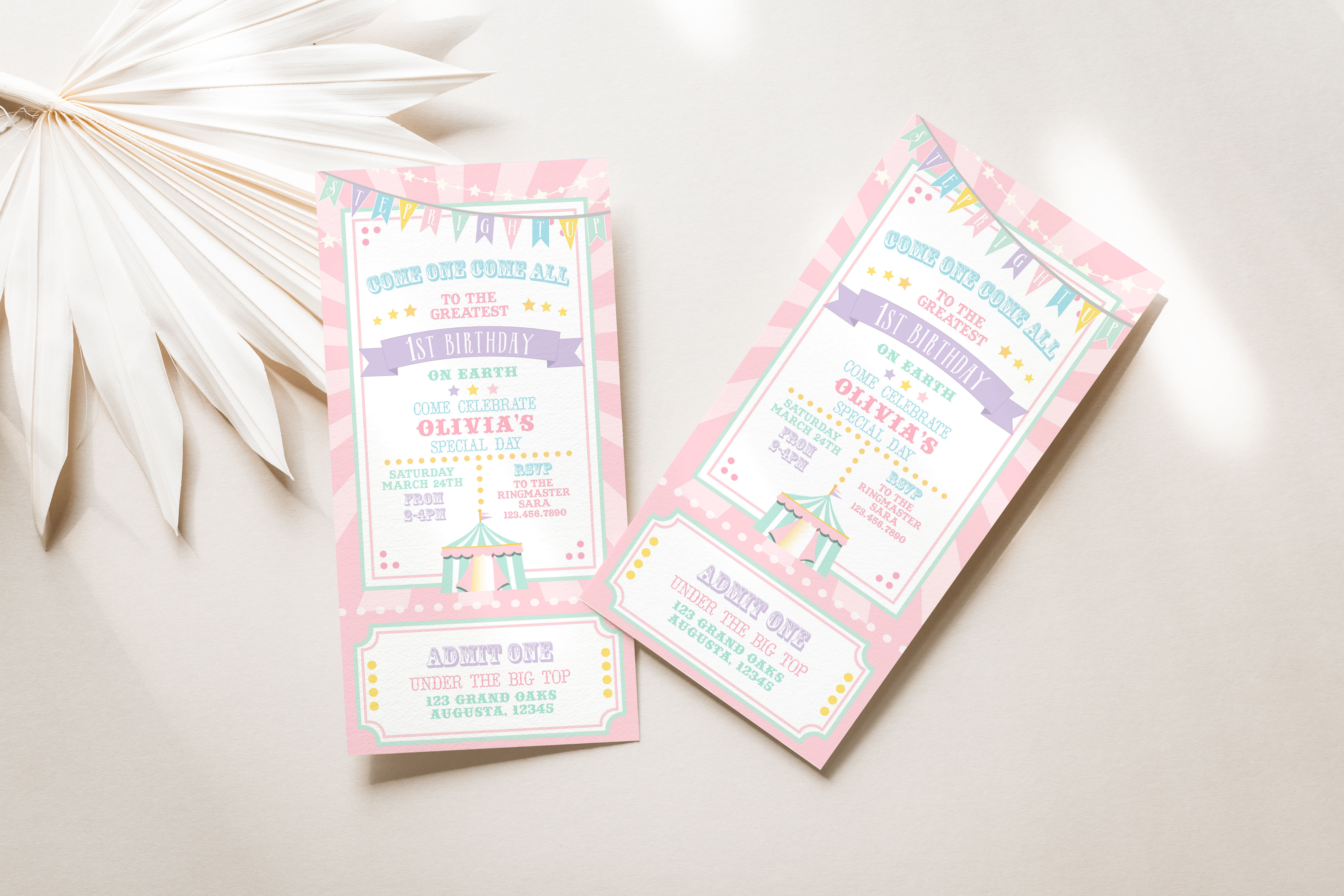 Pastel Circus 4 x 8 Ticket Invitation- Pink Burst design preview