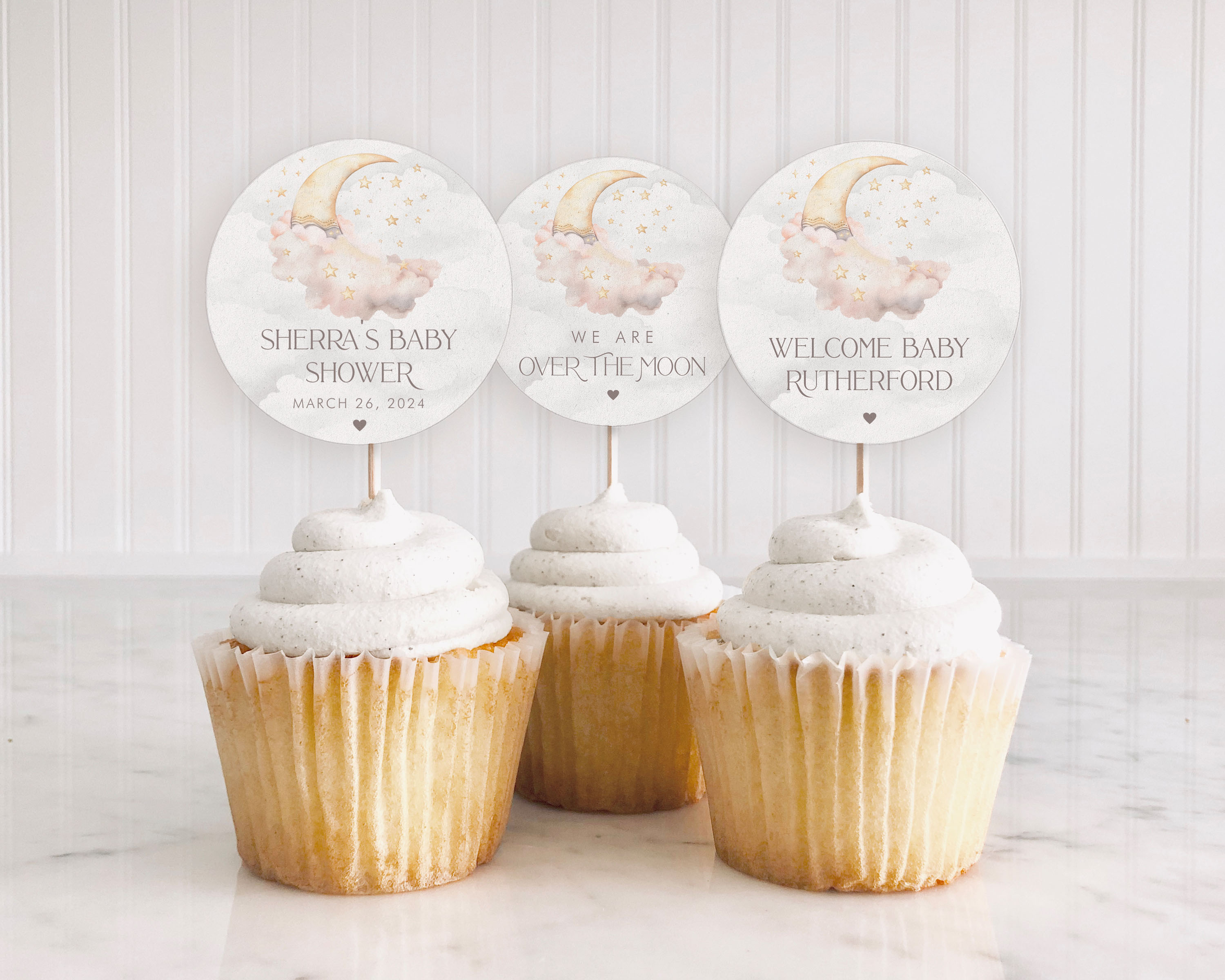 Over the Moon Cupcake Toppers- Pink design preview