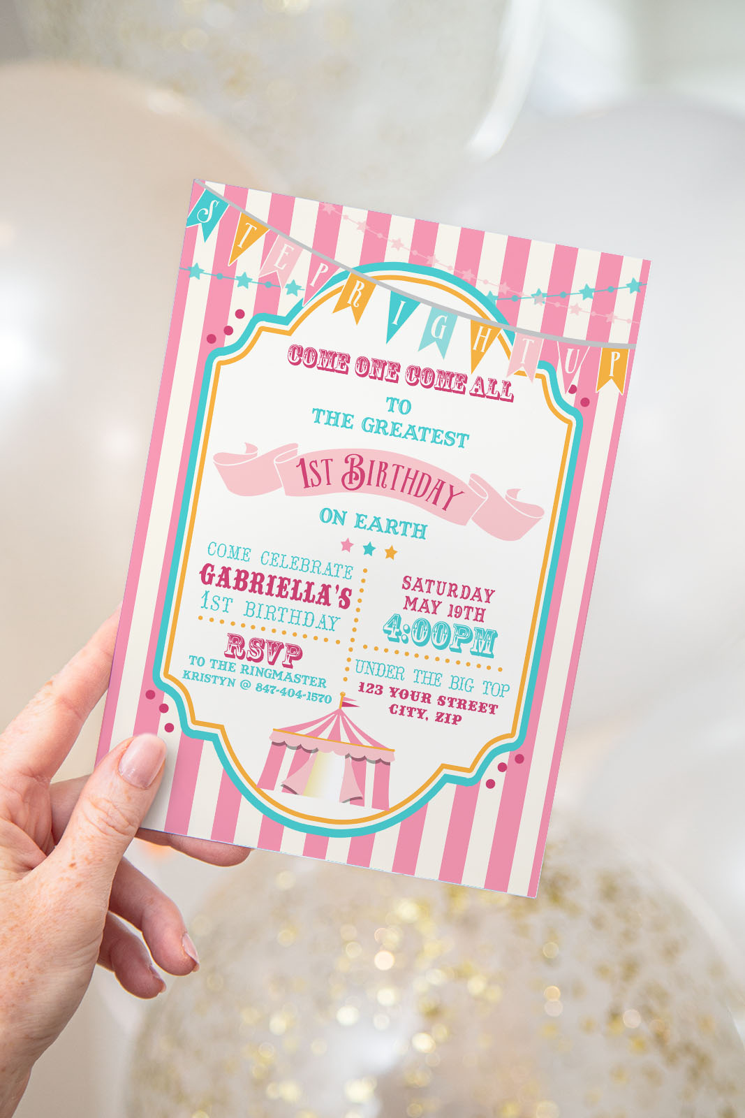 Pink & Teal Circus Invitation- Pink Stripes design preview