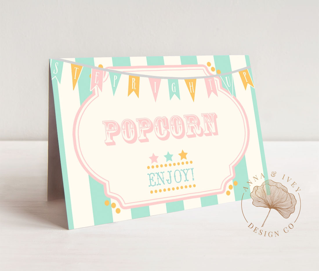 Pink & Mint Circus Food Cards- Mint Stripes design preview