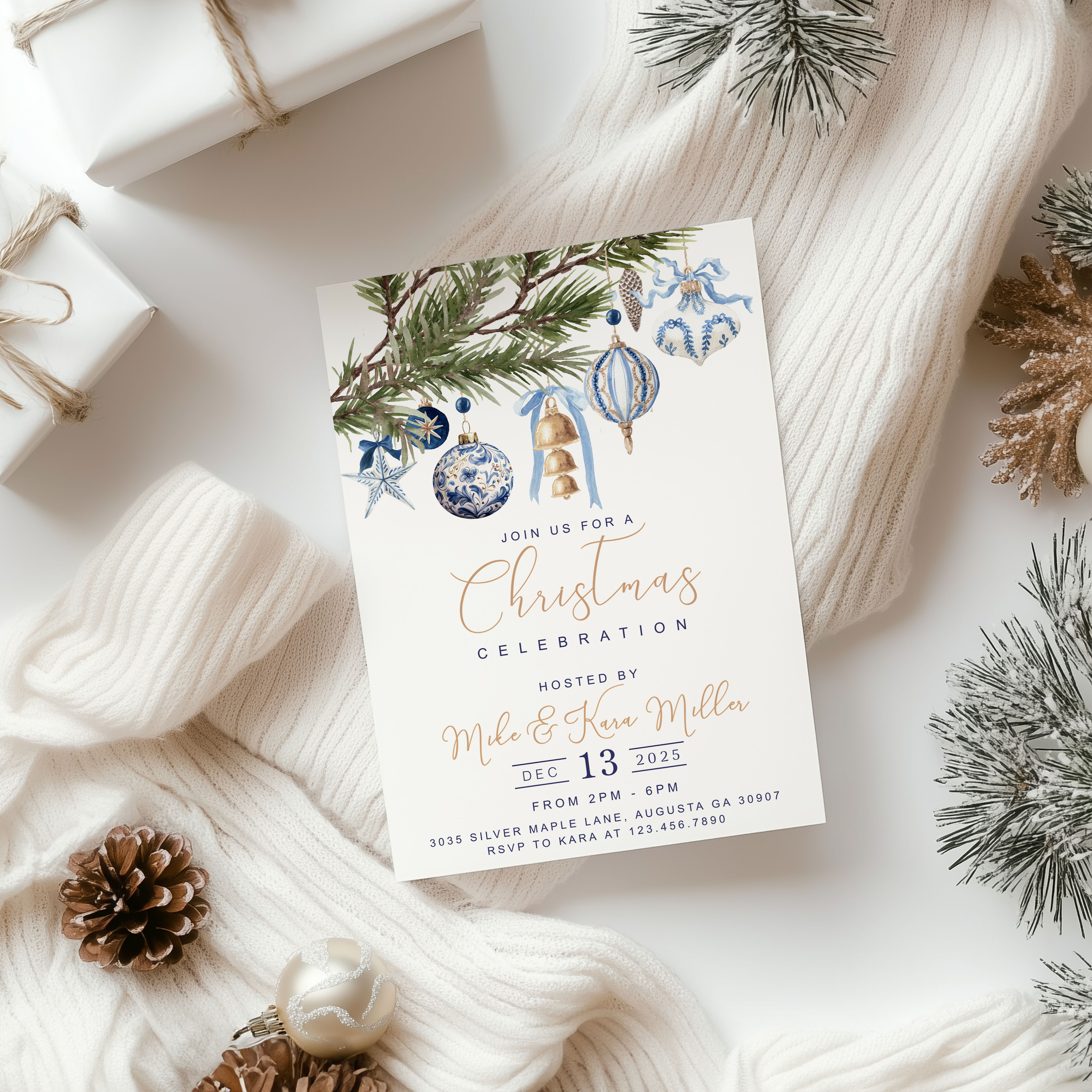 Blue & Gold Ornament Branch Invitation design preview