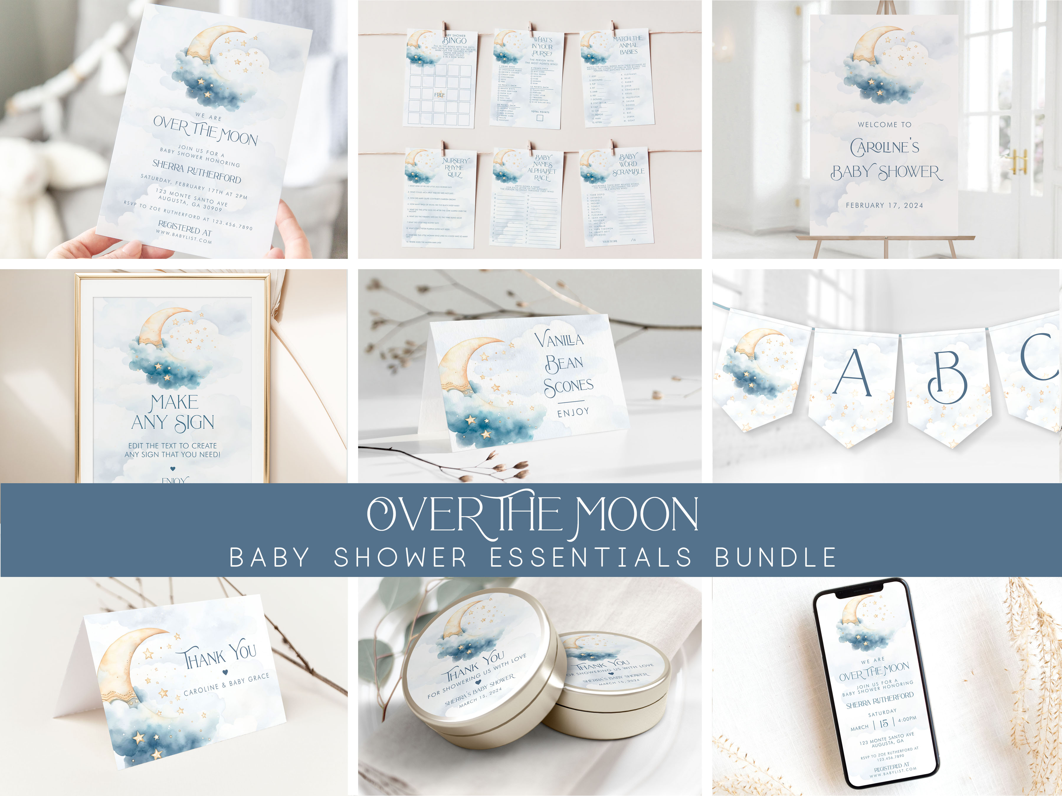 Over the Moon Baby Shower Essentials Bundle- Blue design preview
