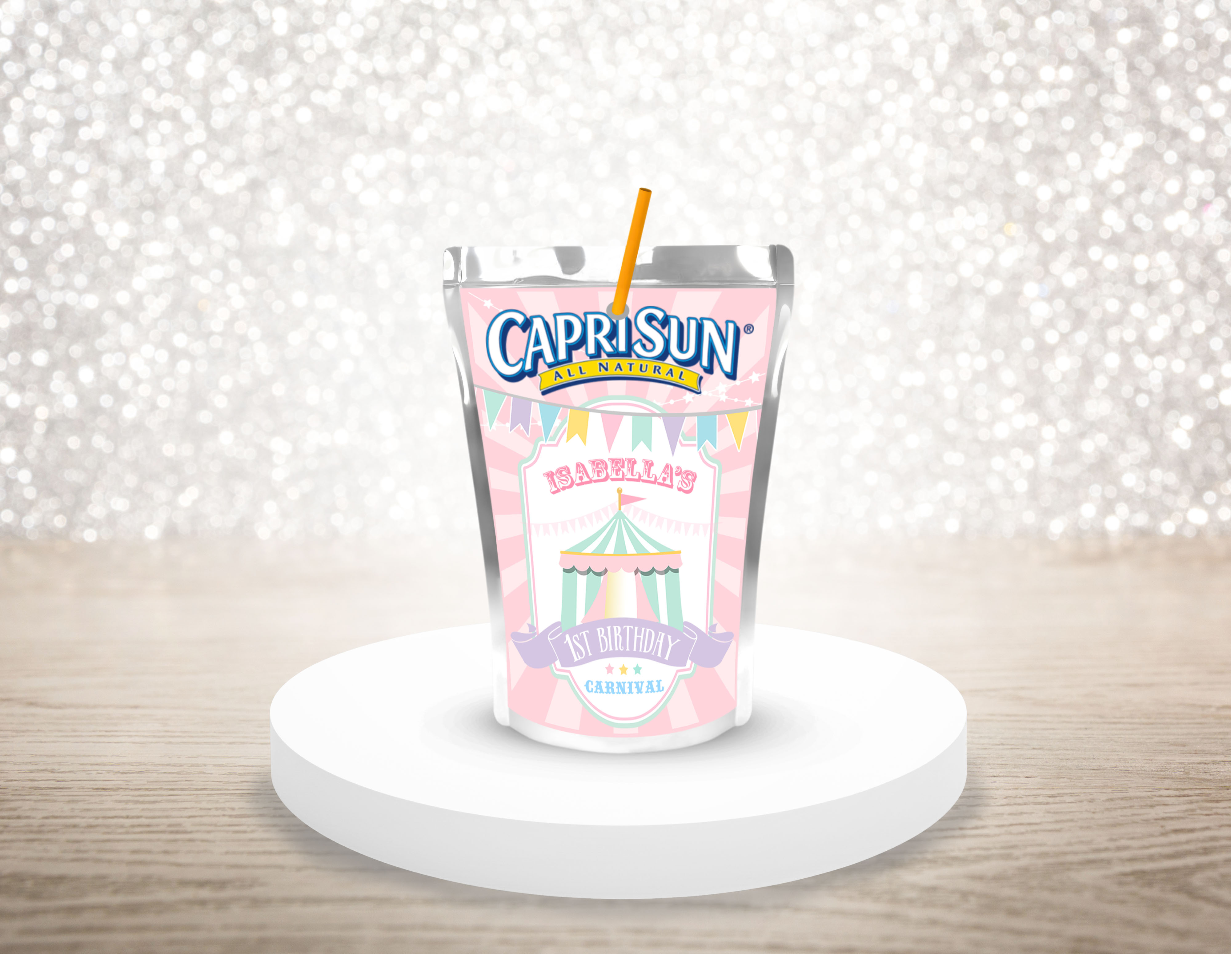 Pastel Circus Capri Sun Labels- Pink Burst design preview