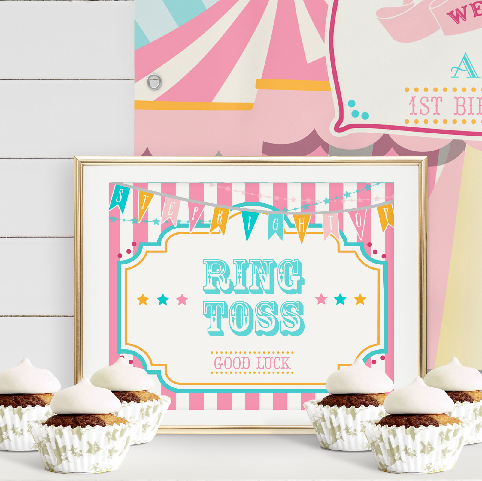 Pink & Teal Circus Game Sign- Pink Stripes design preview