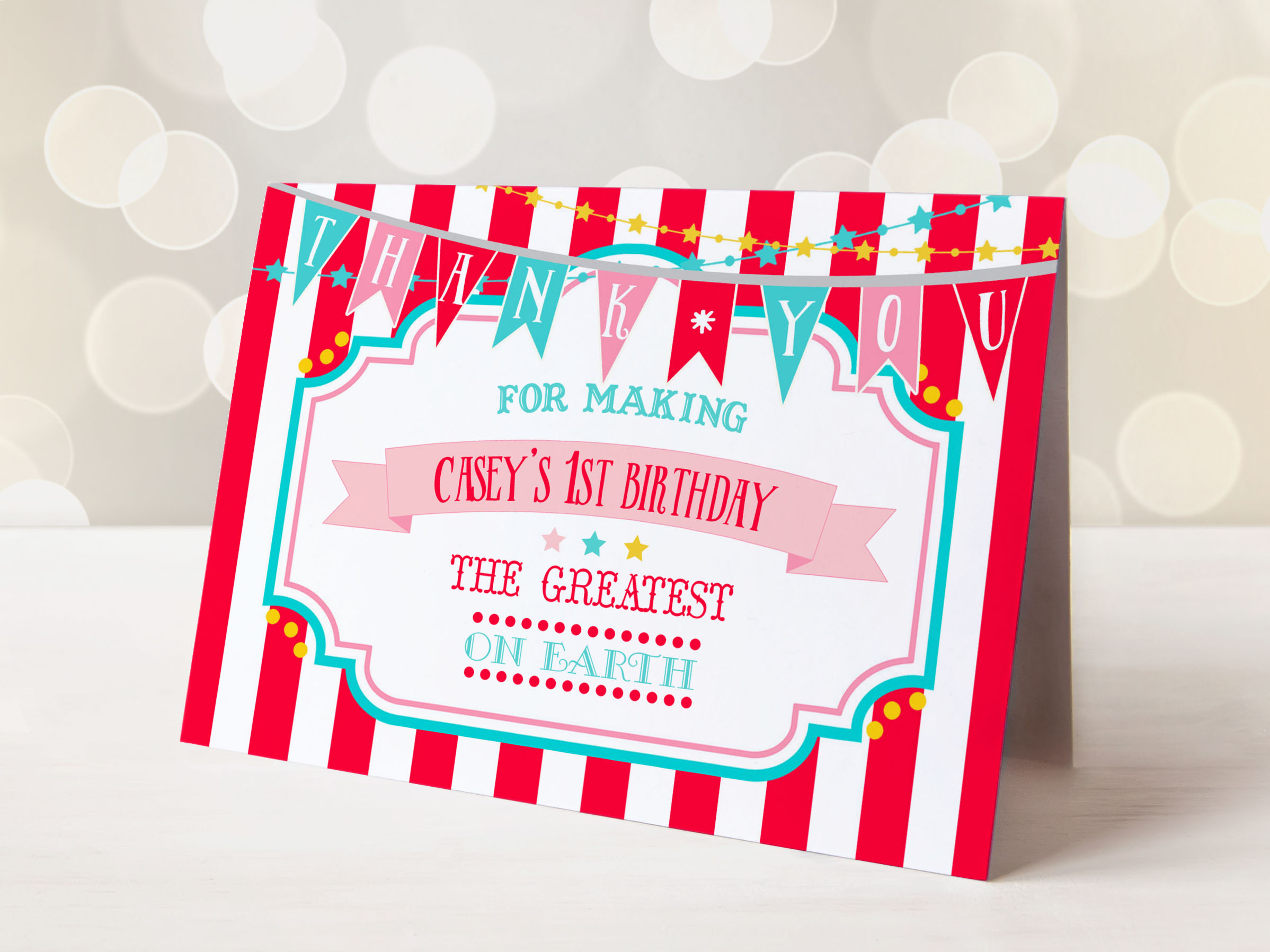 Red & Pink Circus Thank You Cards- Red Stripes design preview