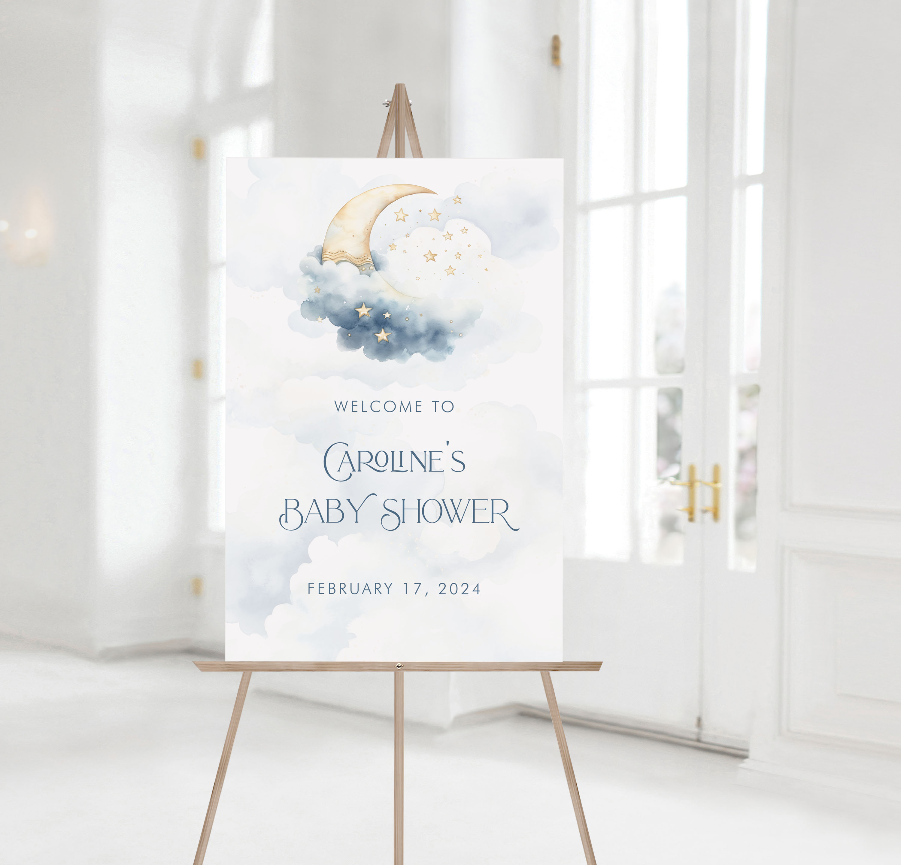 Over the Moon Baby Shower Welcome Signs- Blue design preview