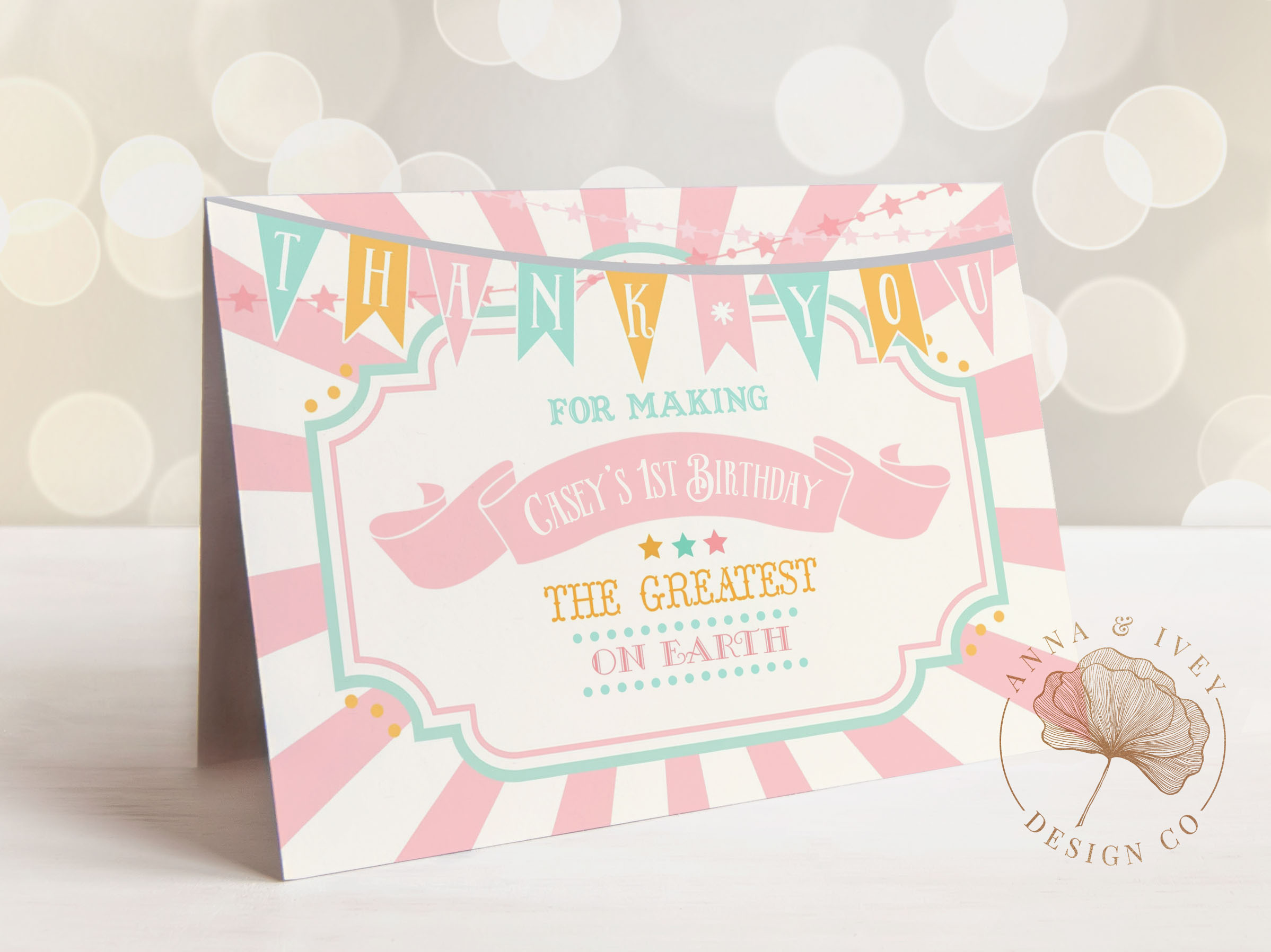 Pink & Mint Circus Thank You Cards- Pink & Ivory Sunburst design preview