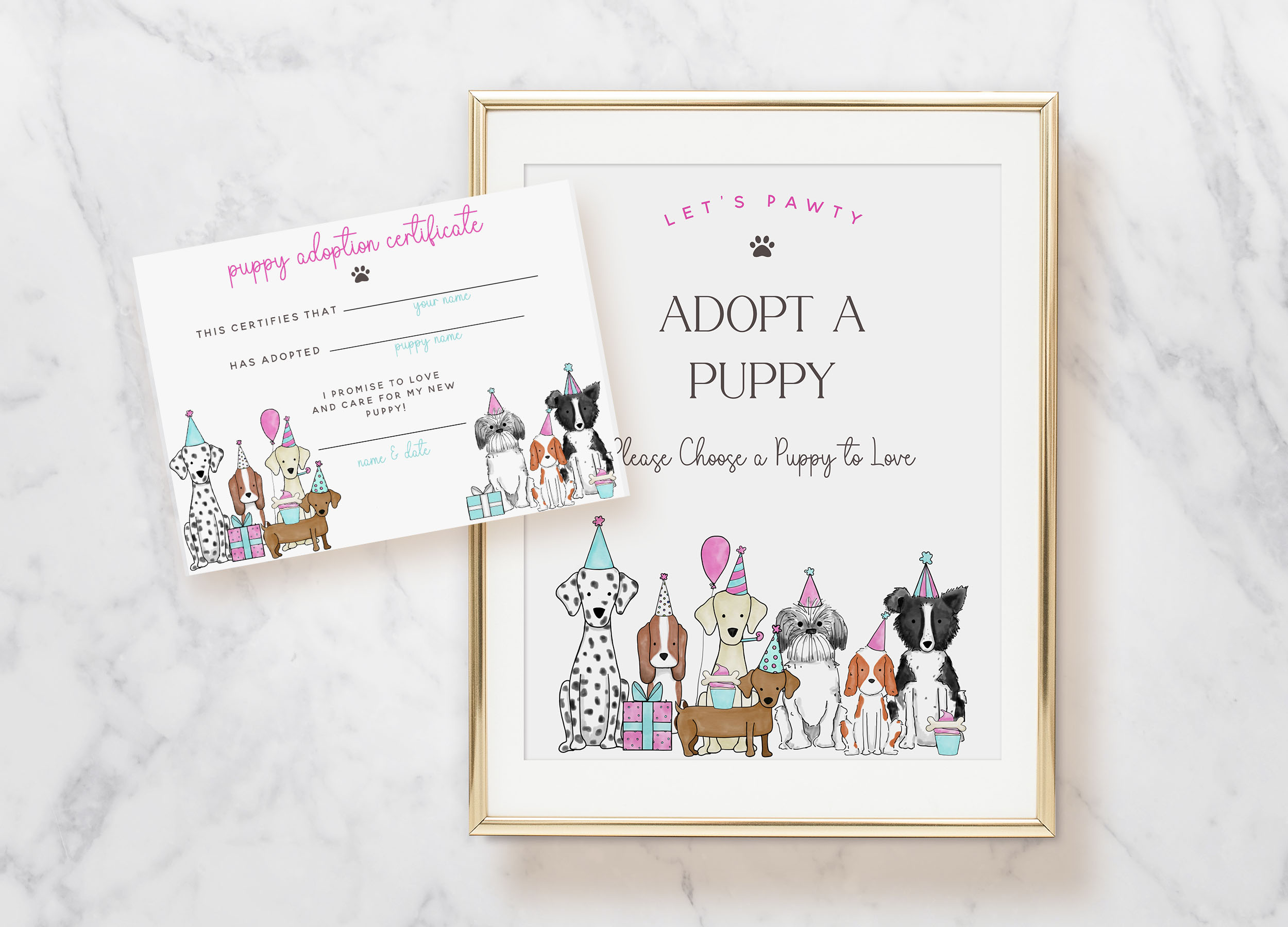 Let's Pawty- Puppy Adoption Signs & Cards- Pink design preview