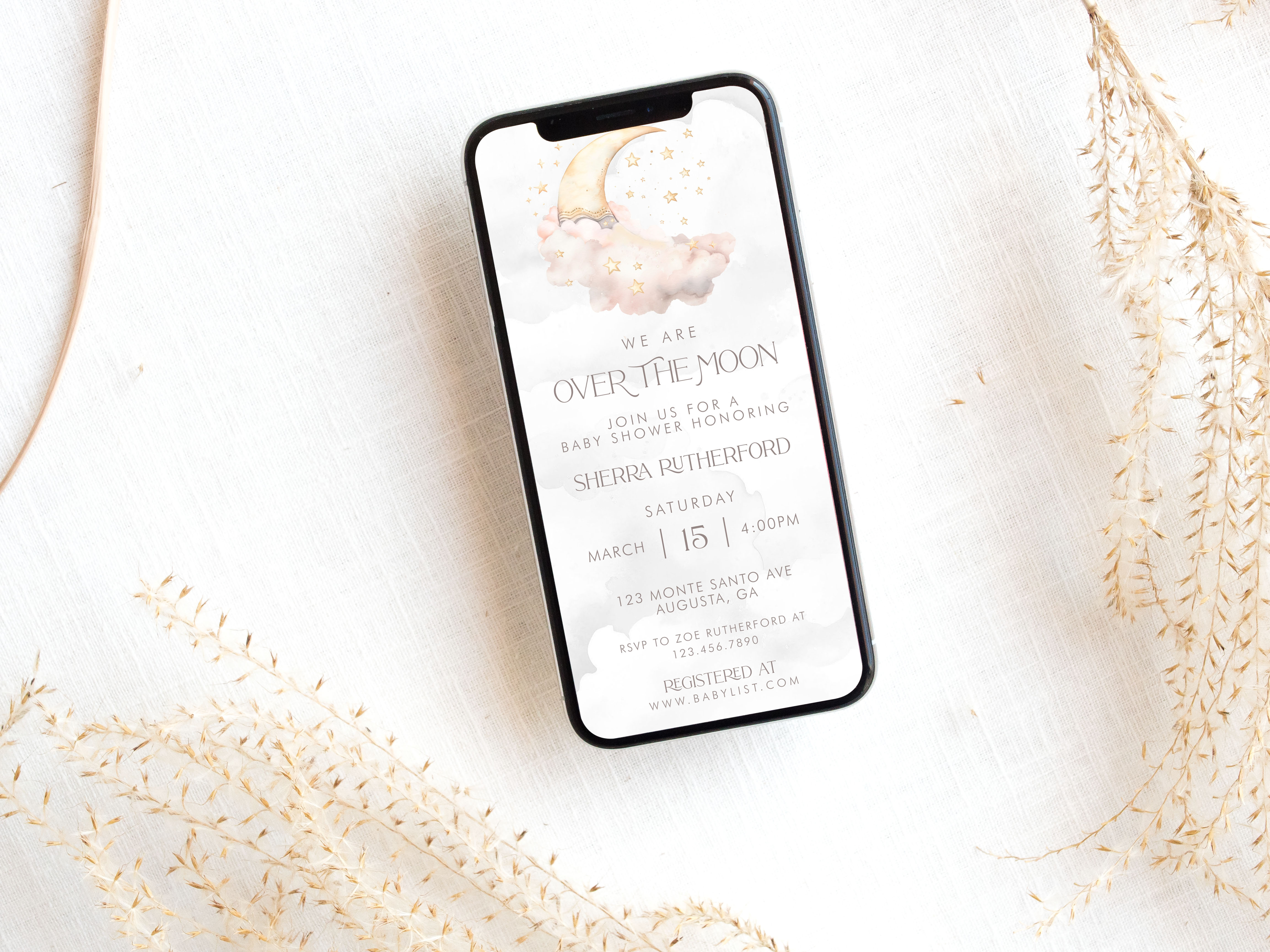 Over the Moon Baby Shower Smart Phone Invitation- Pink design preview
