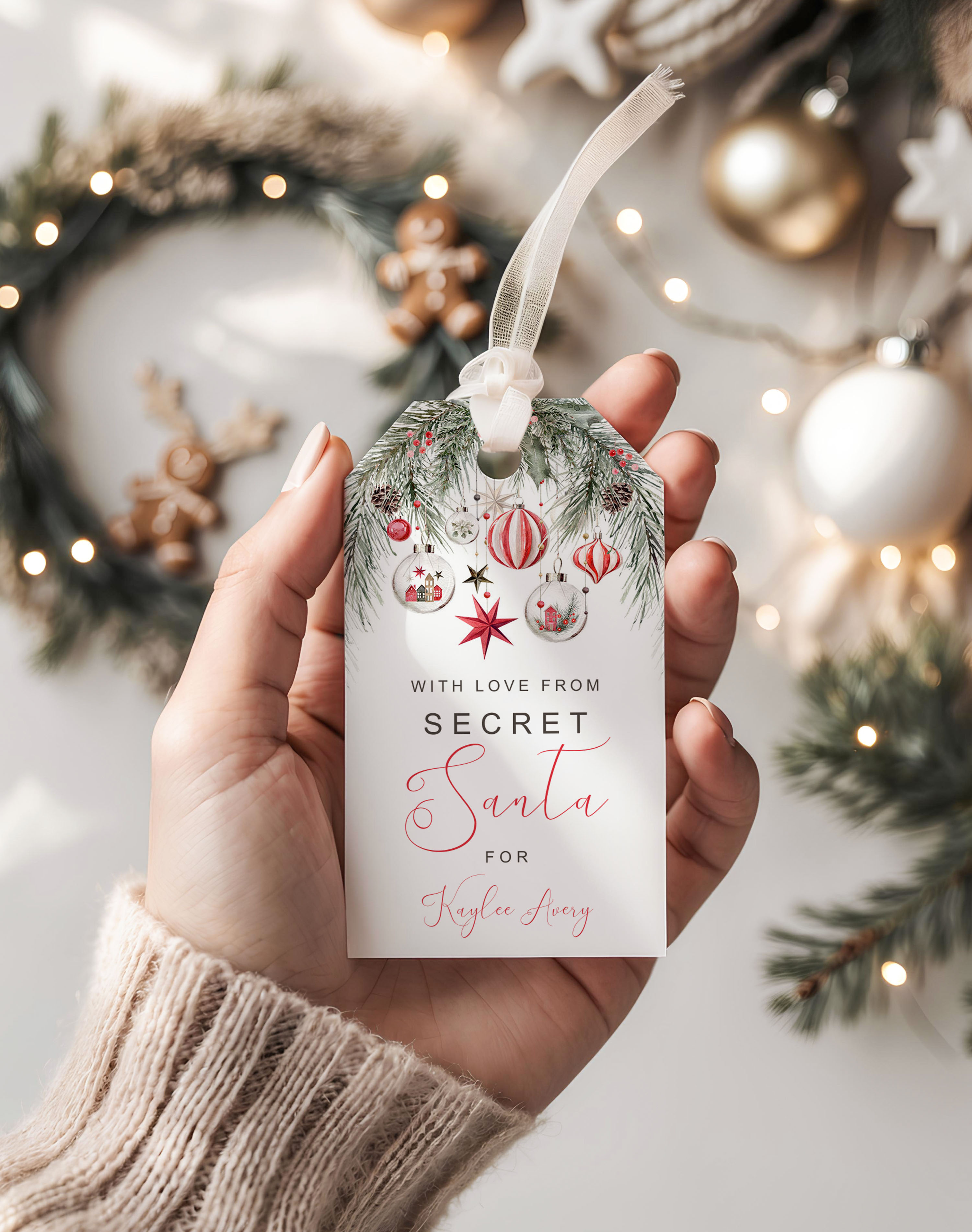 Red Ornaments Rectangle Tag- Secret Santa design preview