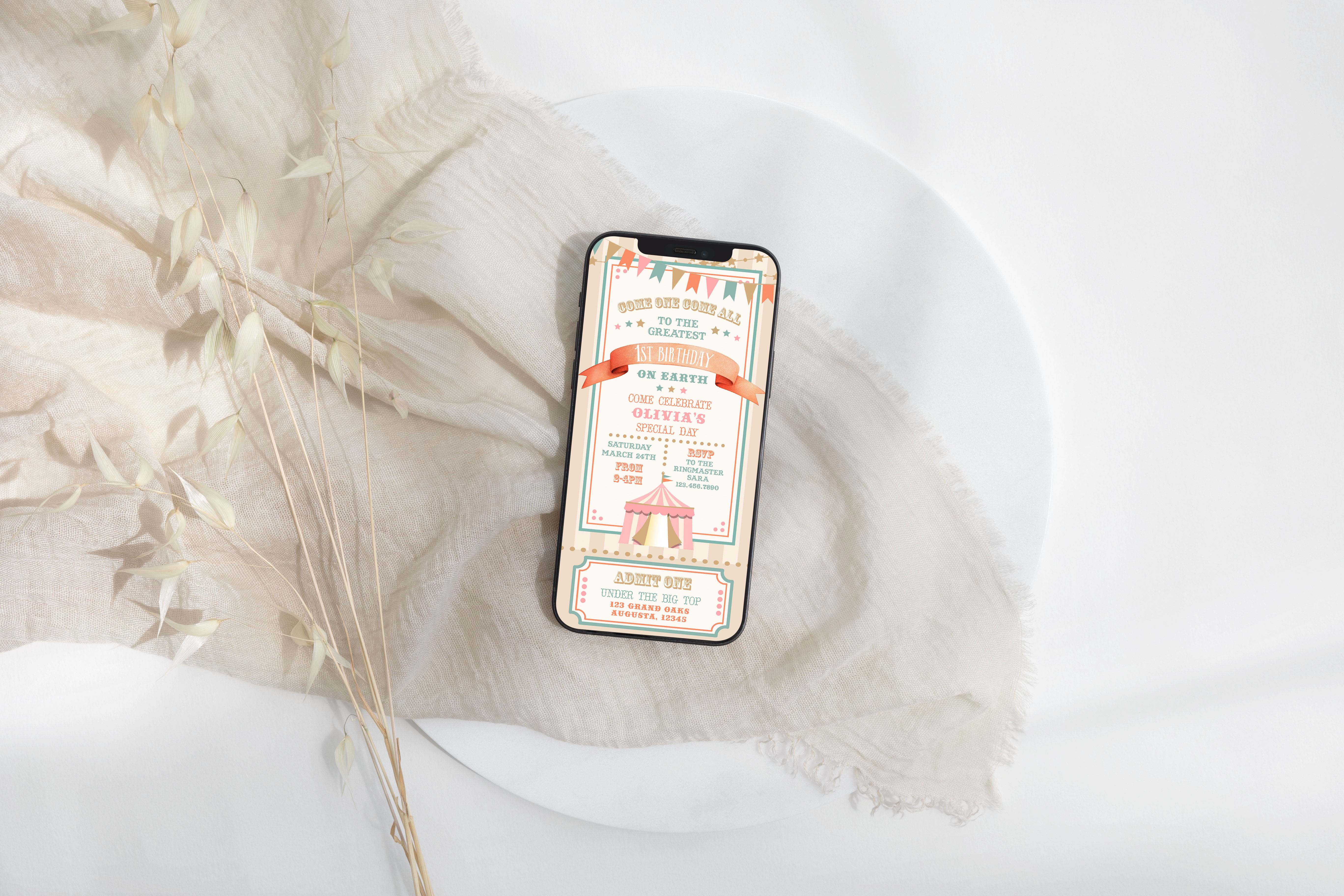 Boho Circus Smart Phone Invitation with Pink- Stripe design preview