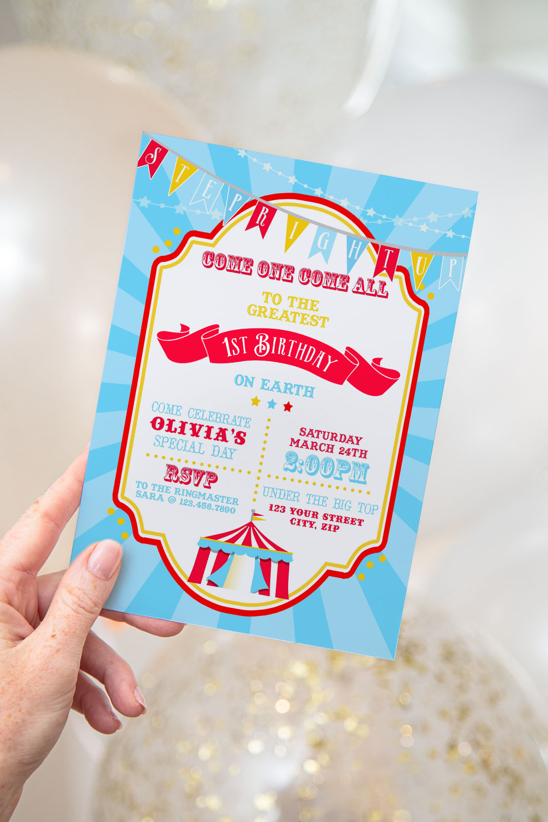 Bright Red Circus Invitation- Blue Sunburst design preview