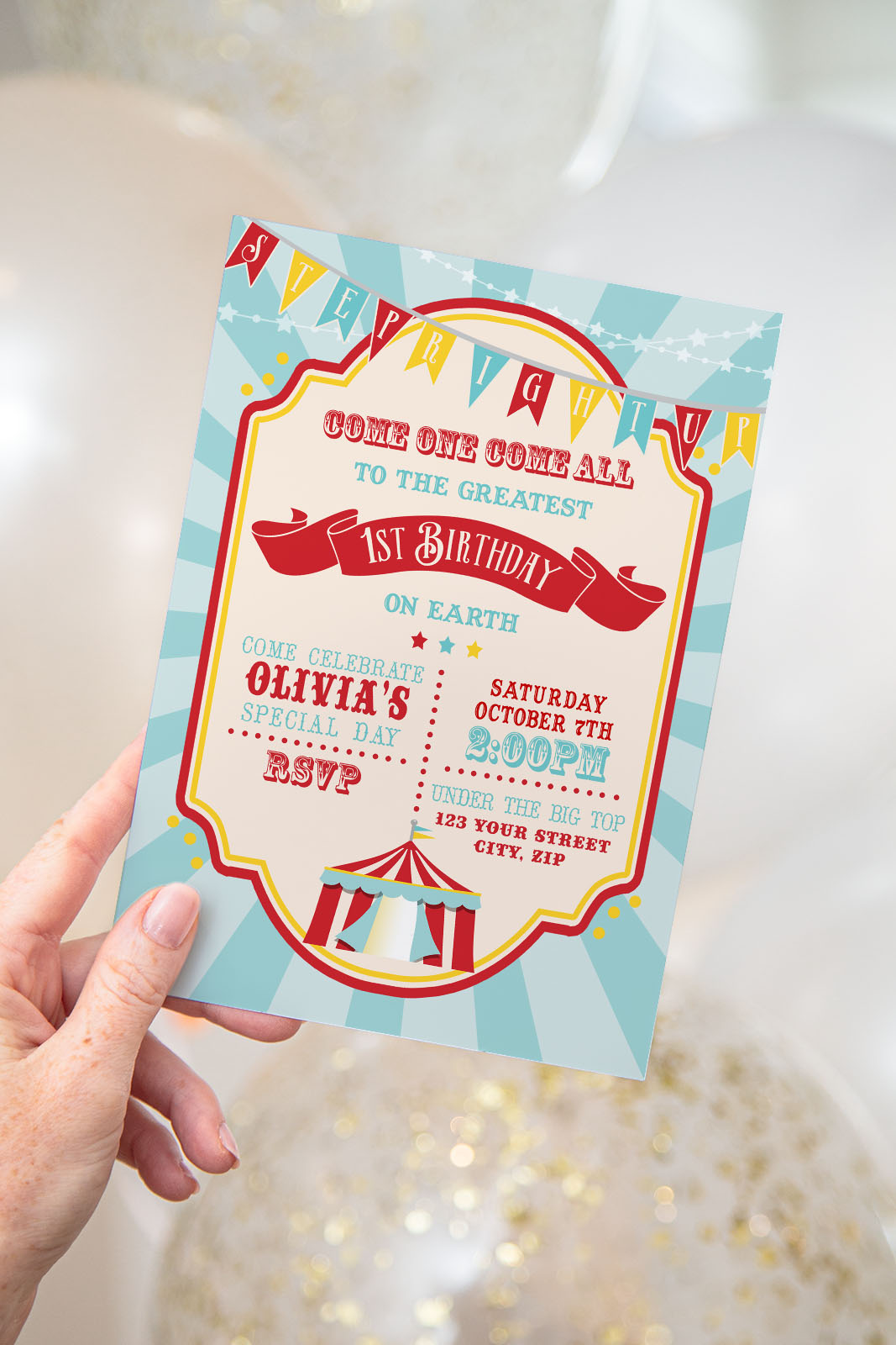 Dark Red Circus Invitation- Blue Sunburst design preview