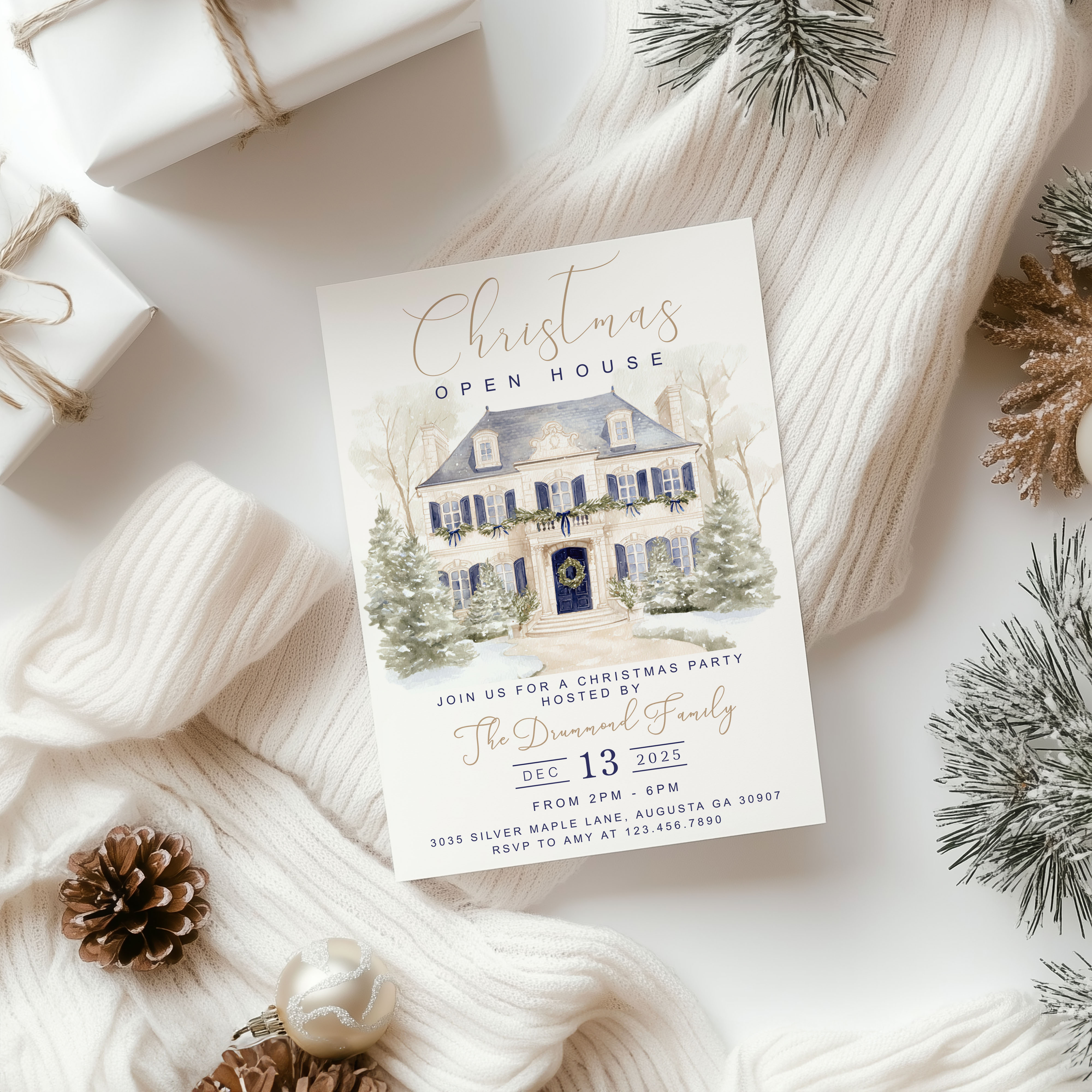 Blue & Gold Christmas House Invitation design preview