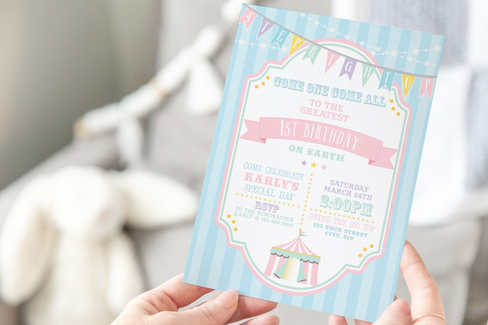 Pastel Circus Invitation- Blue Stripe design preview