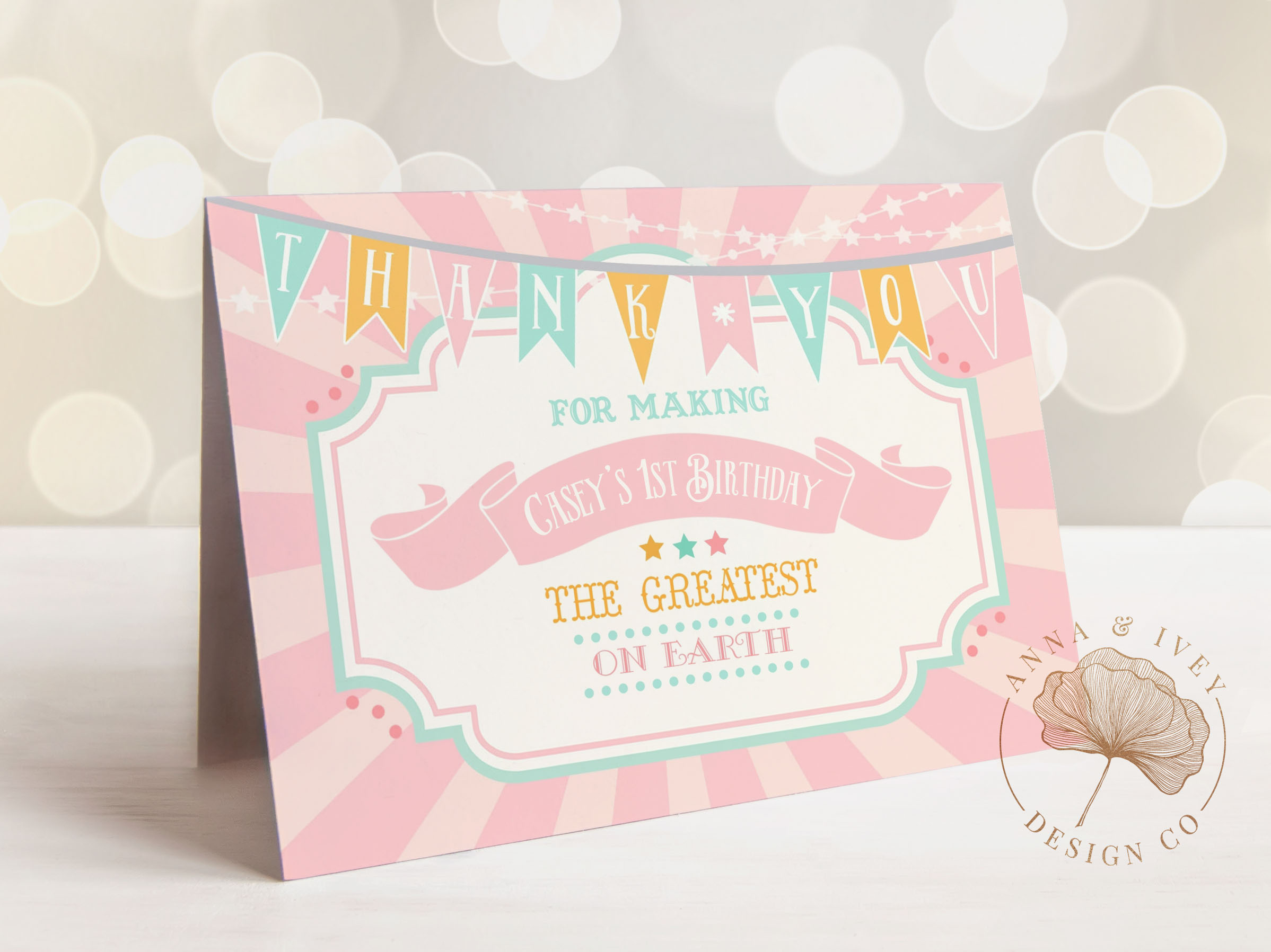 Pink & Mint Circus Thank You Cards- Pink Sunburst design preview