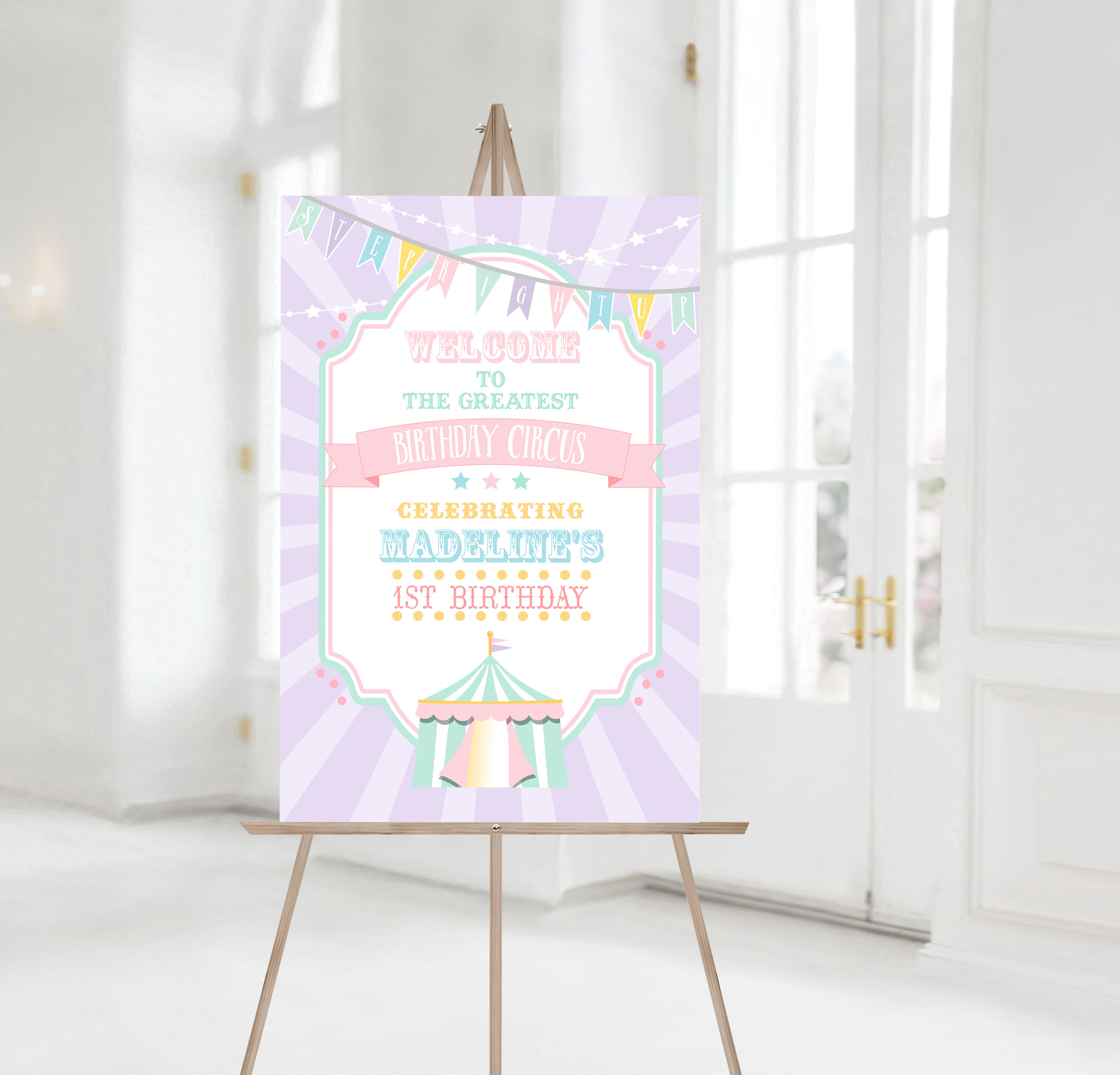 Pastel Circus Welcome Sign- Purple Burst design preview