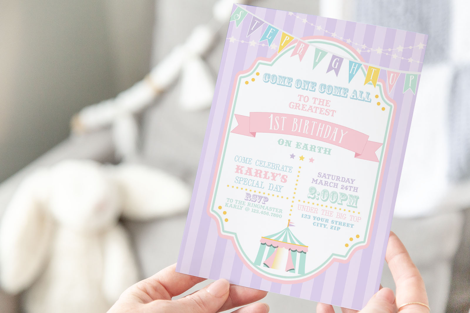 Pastel Circus Invitation- Purple Stripe design preview