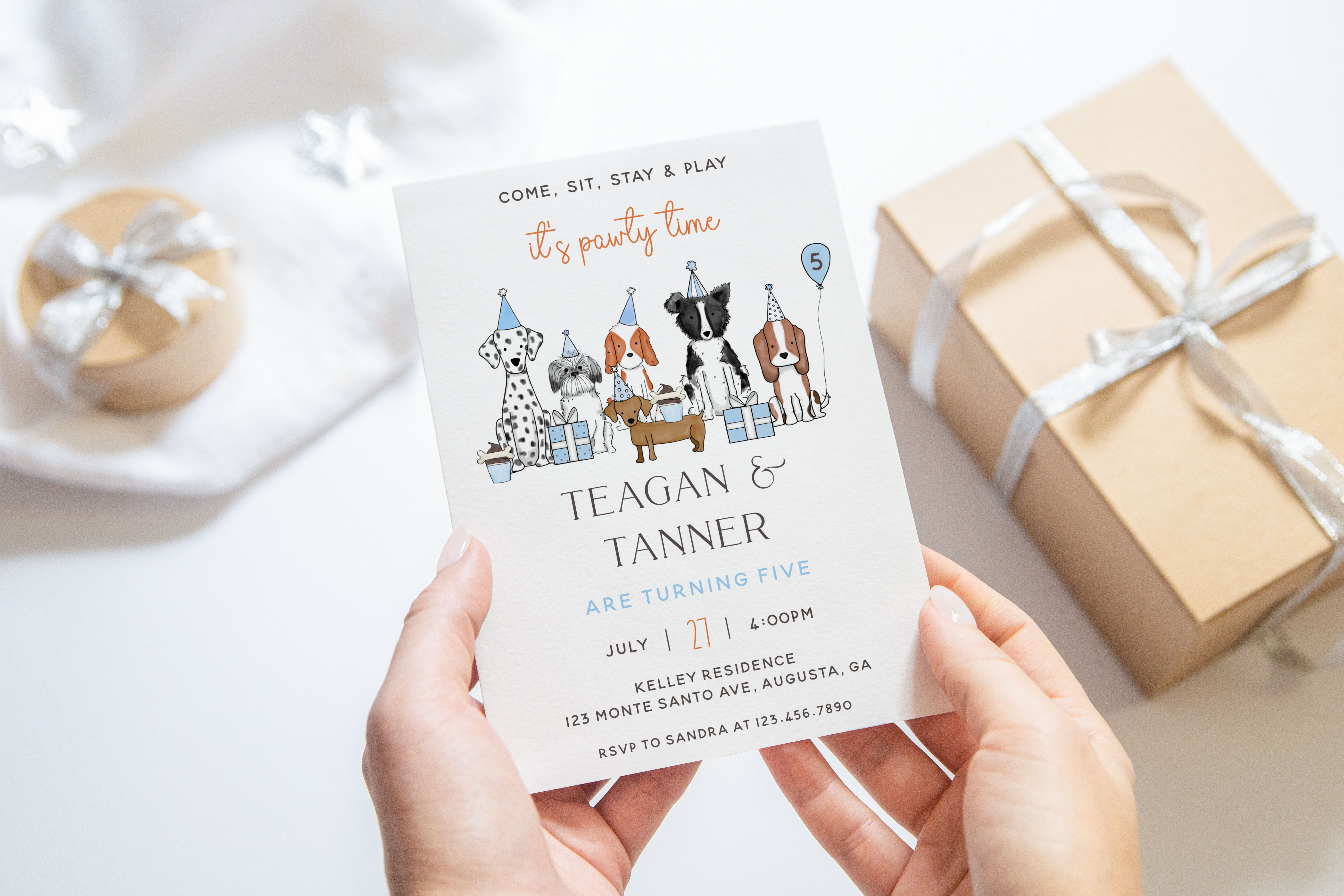 Let's Pawty Invitation- Come Sit Stay- Blue design preview