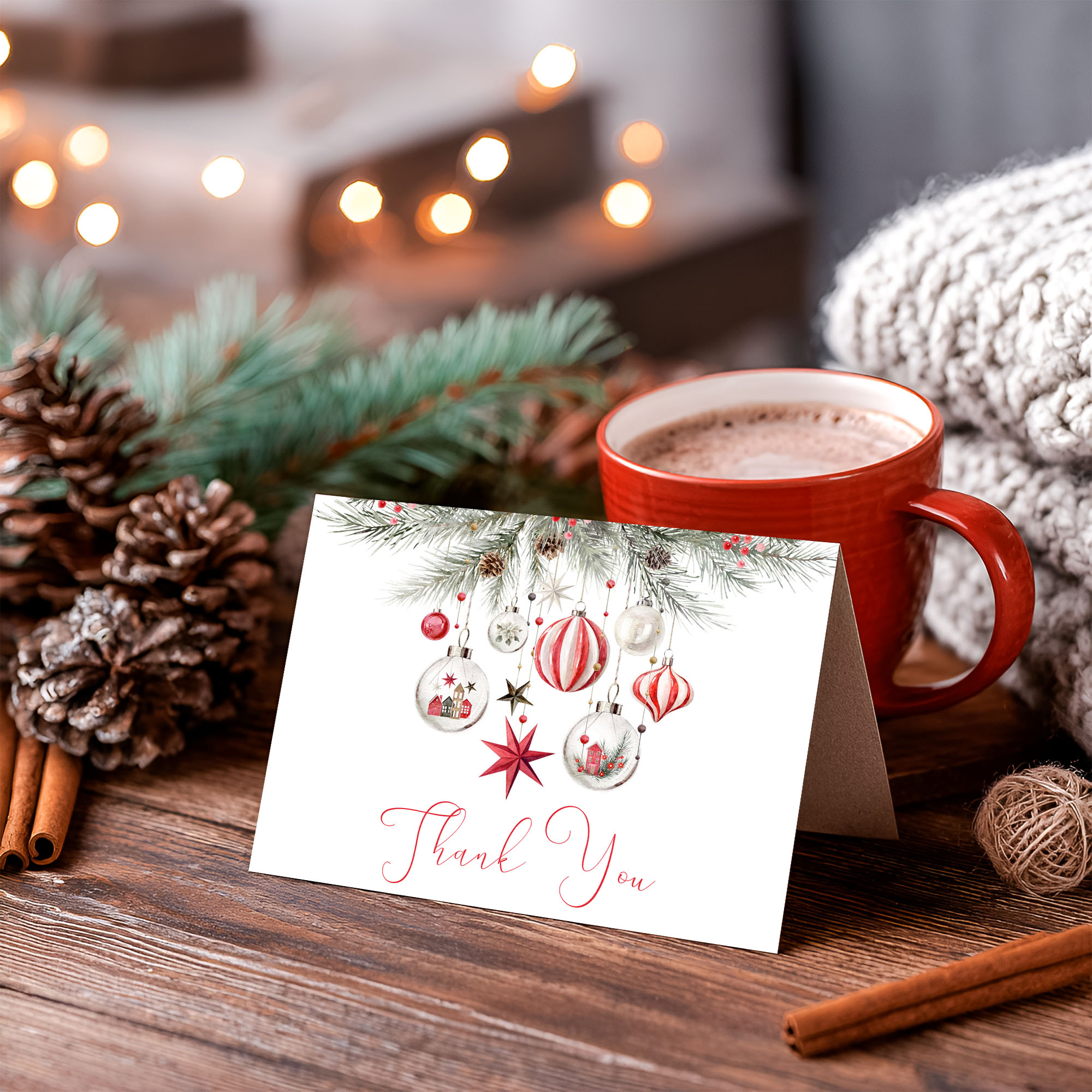 Red Ornaments Thank You Card design preview