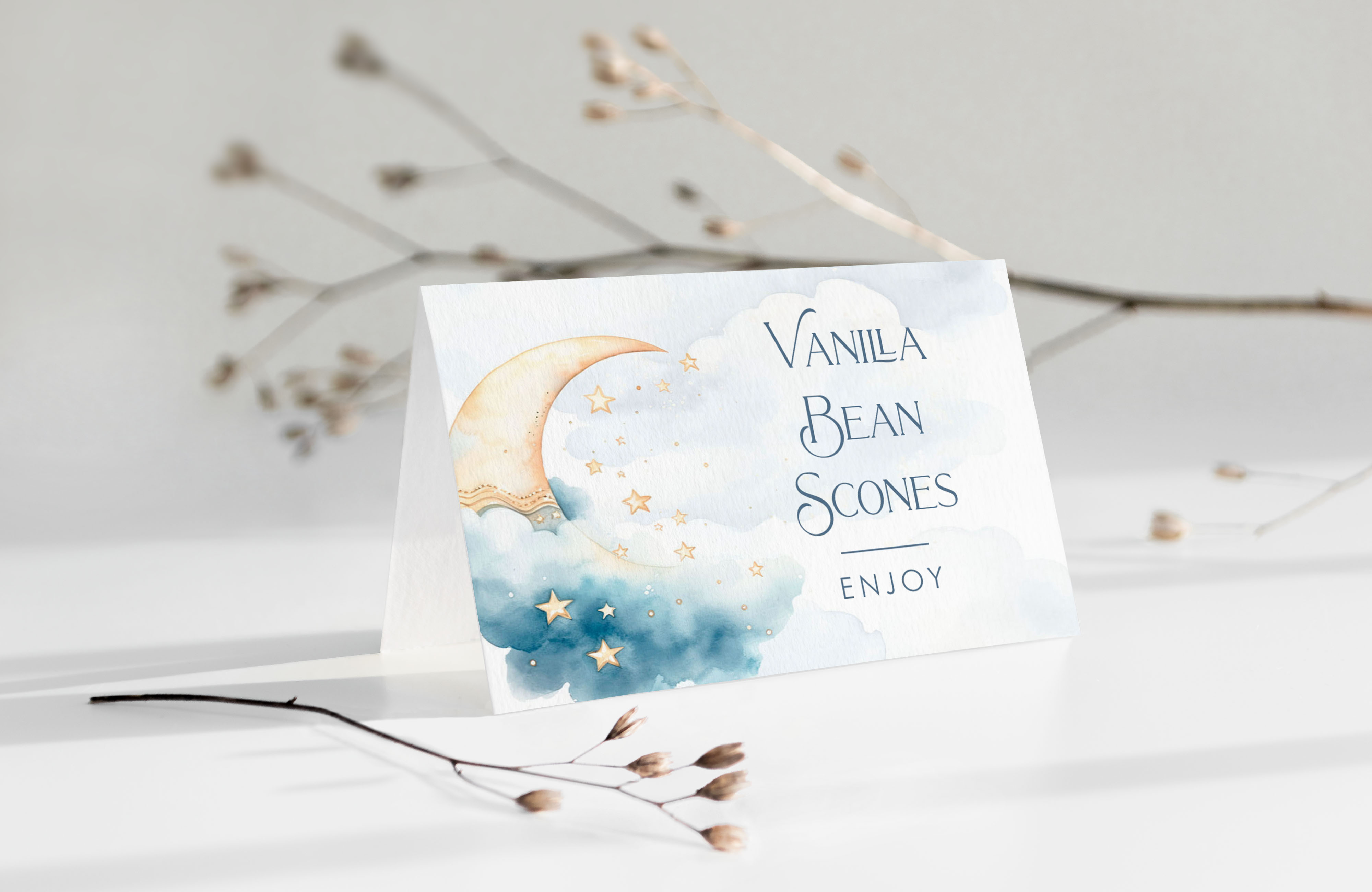 Over the Moon Food/Buffet Cards- Blue design preview