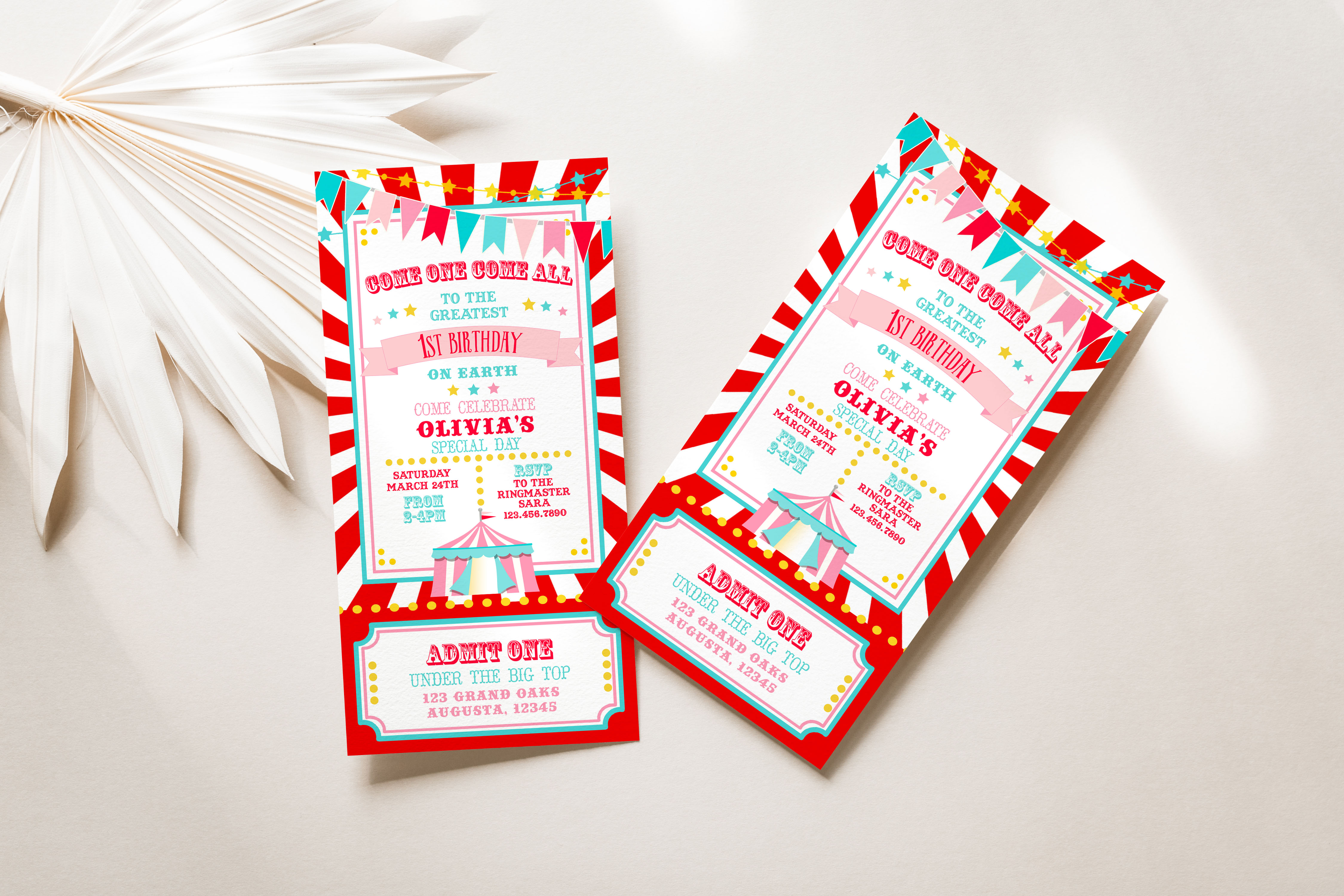 Printable Red & Pink Circus 4 x 8 Ticket Invitation- Red Burst design preview