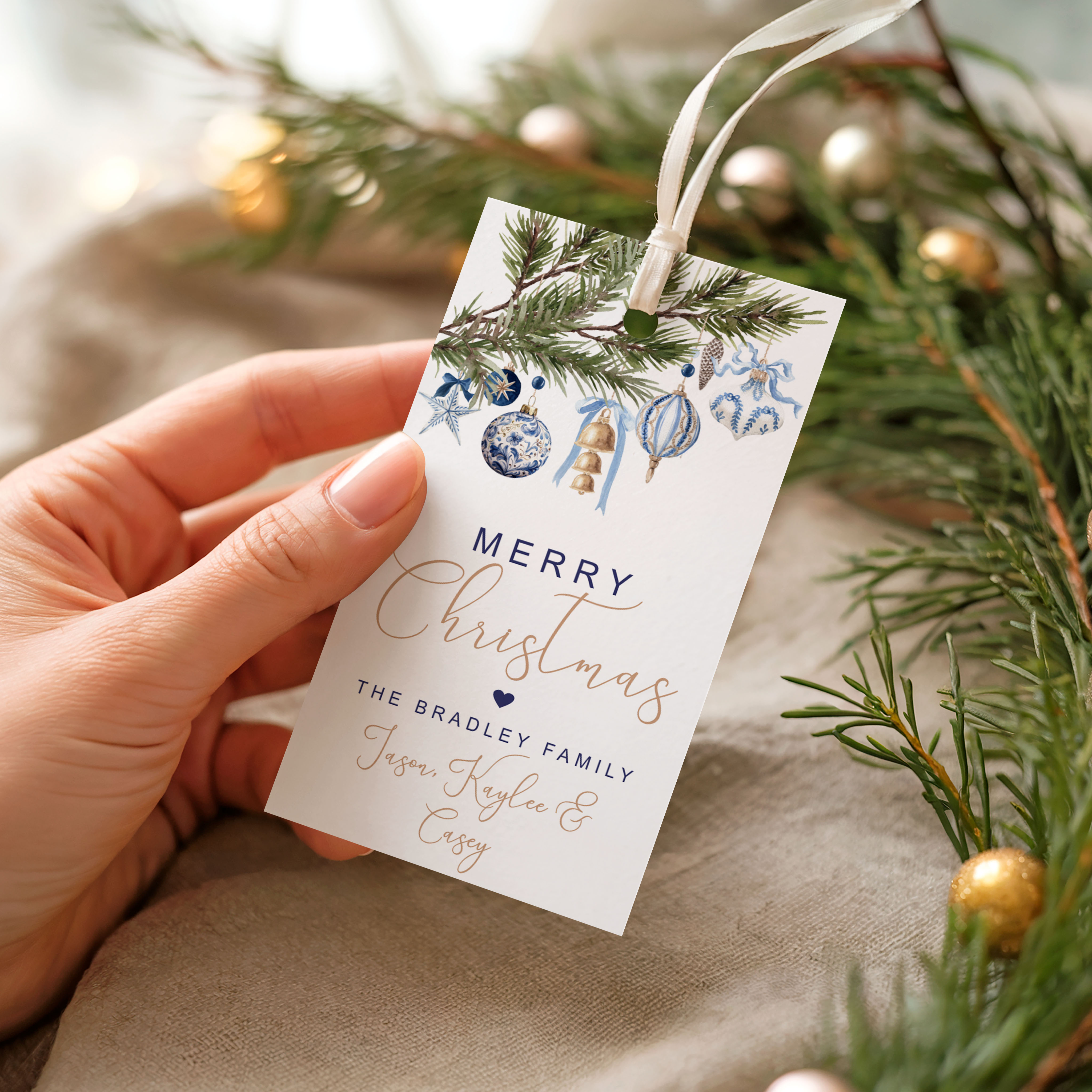 Blue & Gold Ornaments Branch Rectangle Tag design preview