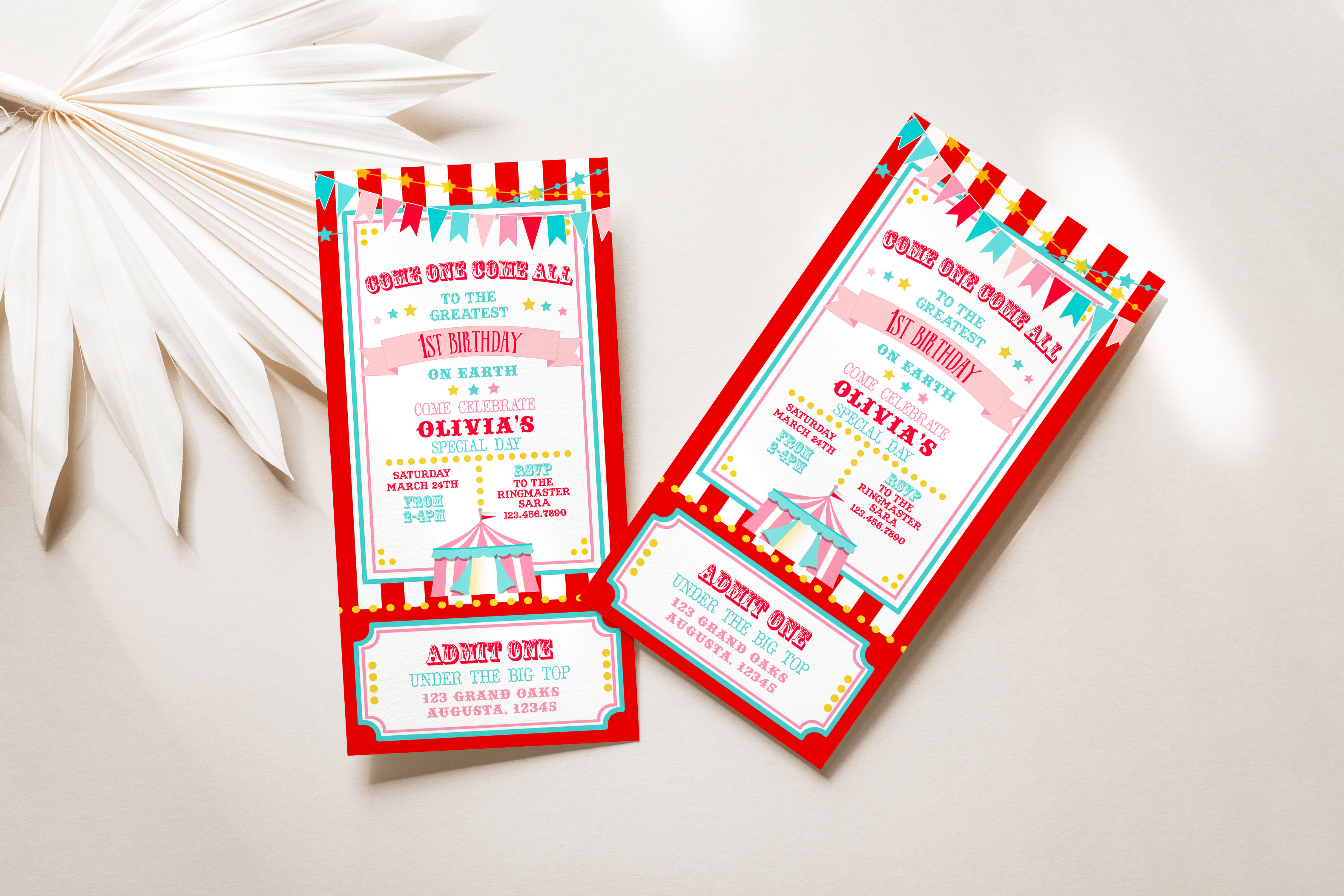 Red & Pink Circus 4 x 8 Ticket Invitation- Red Stripes design preview