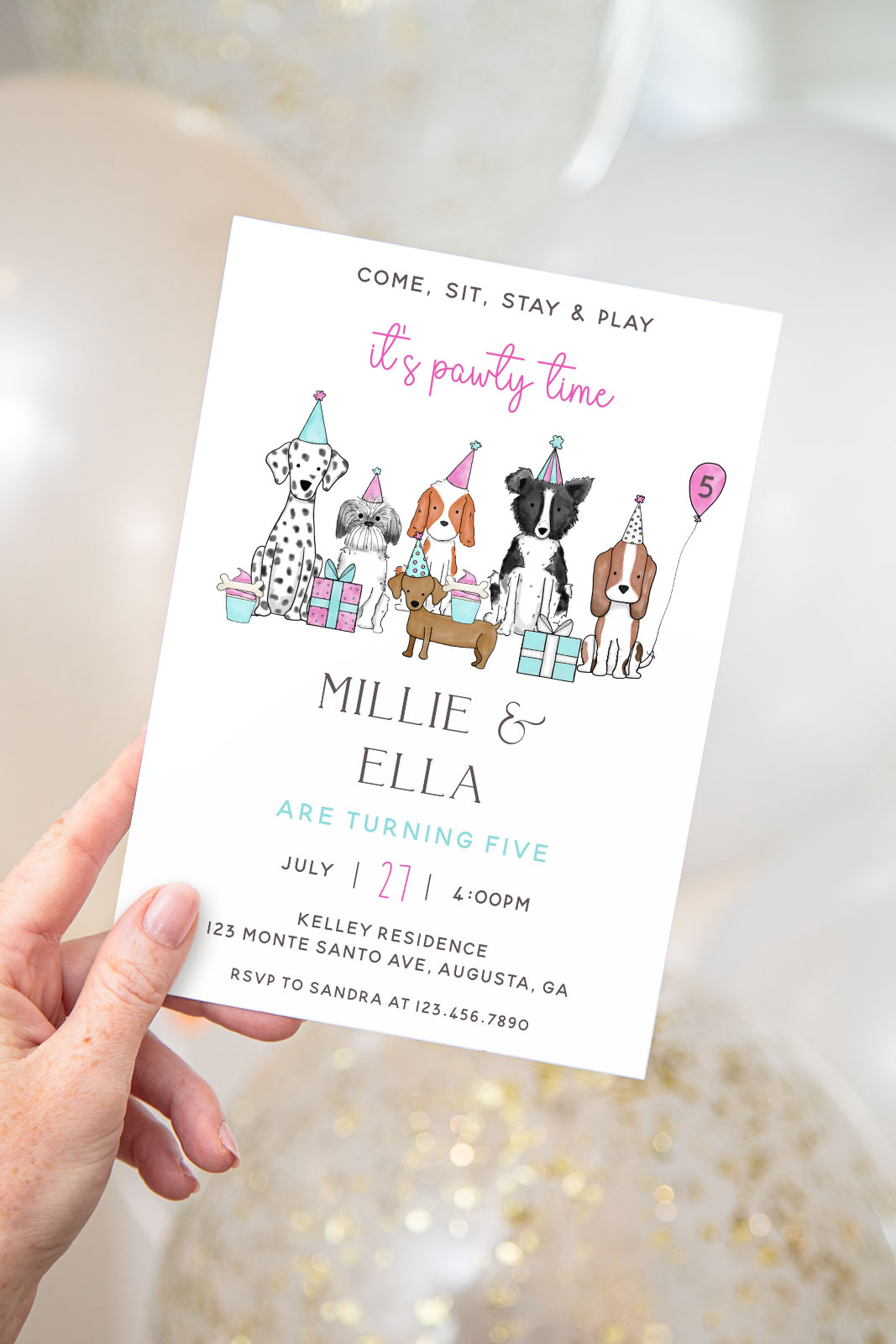 Let's Pawty Invitation- Come Sit Stay- Pink design preview